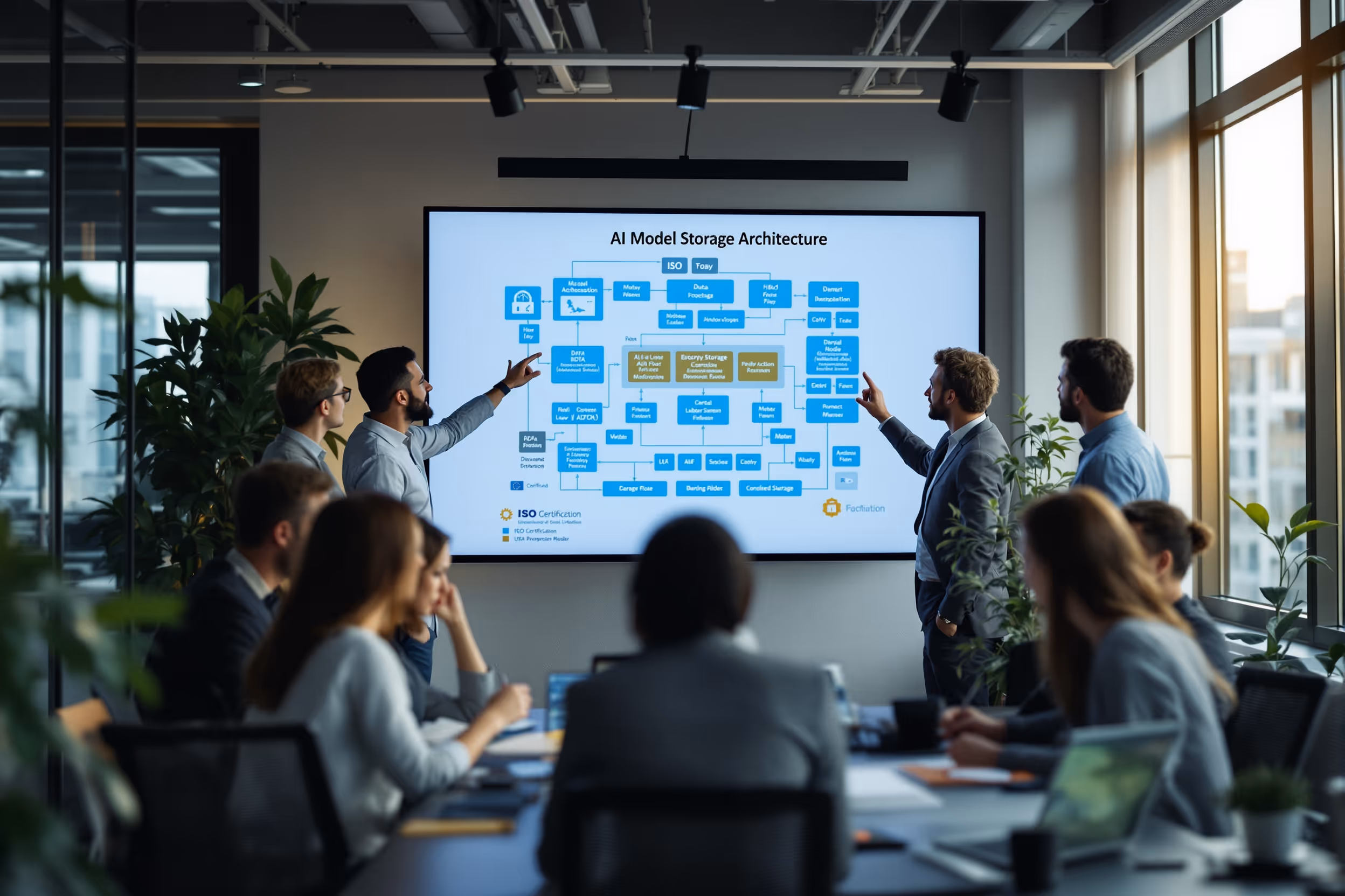 European IT team collaborating on secure AI model storage architecture in a modern office.
