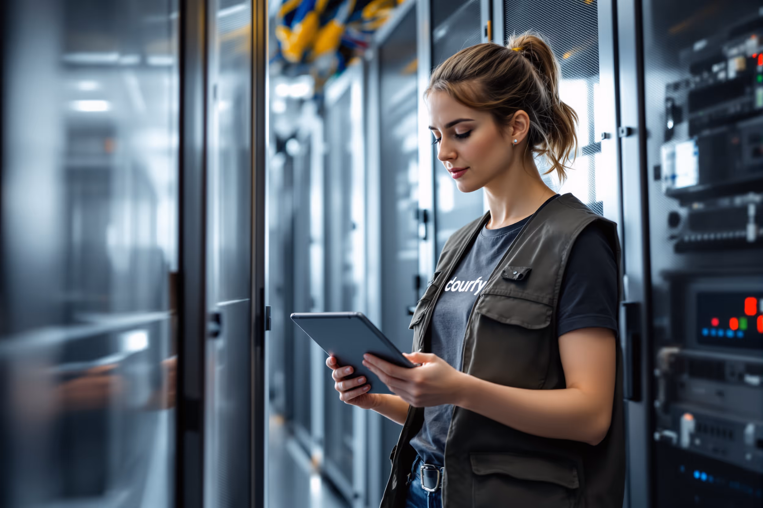 IT professional inspecting servers in a European data center, ensuring data sovereignty.