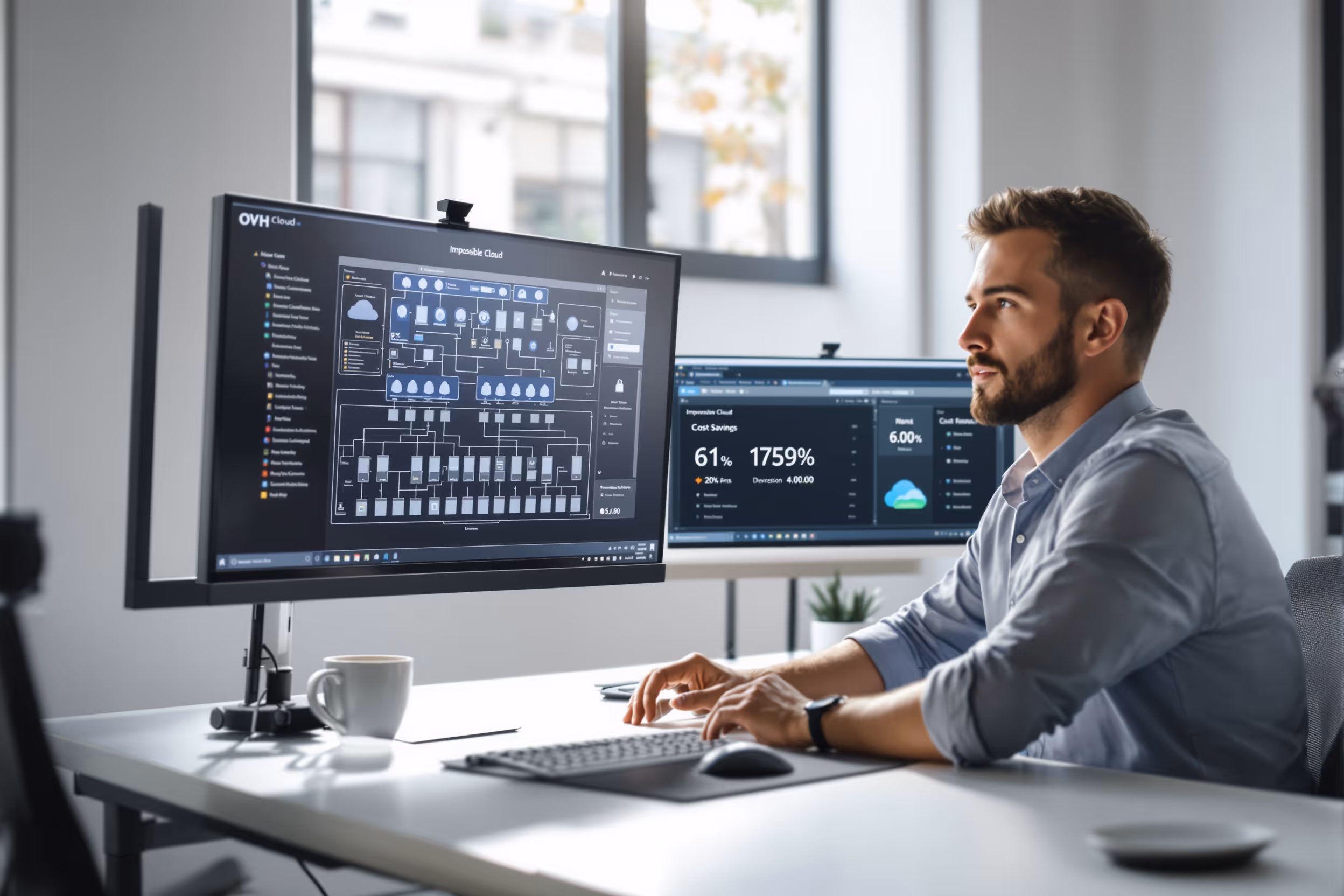 IT professional comparing OVH cloud infrastructure with Impossible Cloud interface for cost savings.