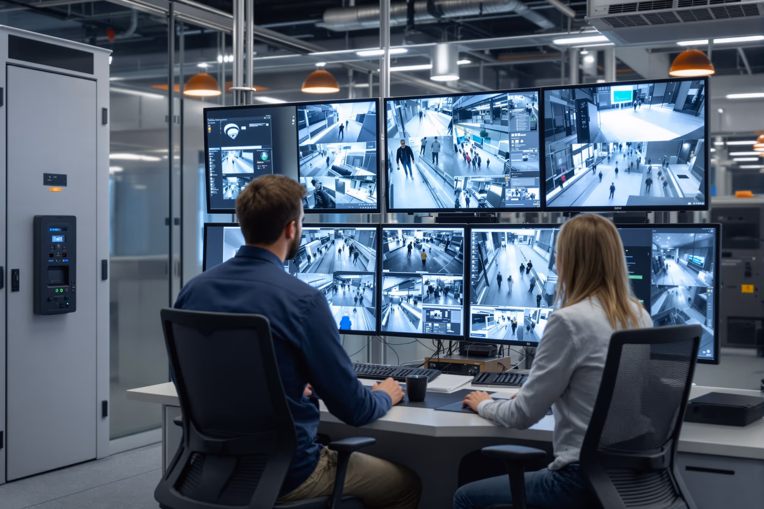 IT security professionals monitoring video surveillance feeds in a secure European data center.