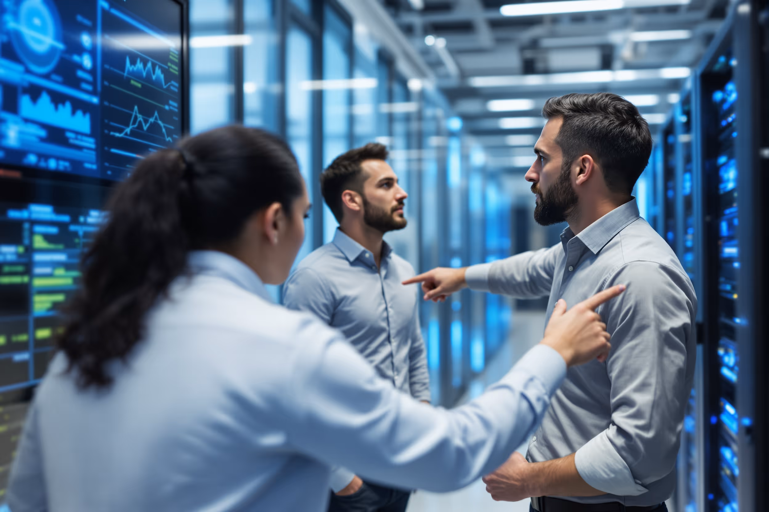 IT professionals monitoring secure cloud storage infrastructure in a UK data center.