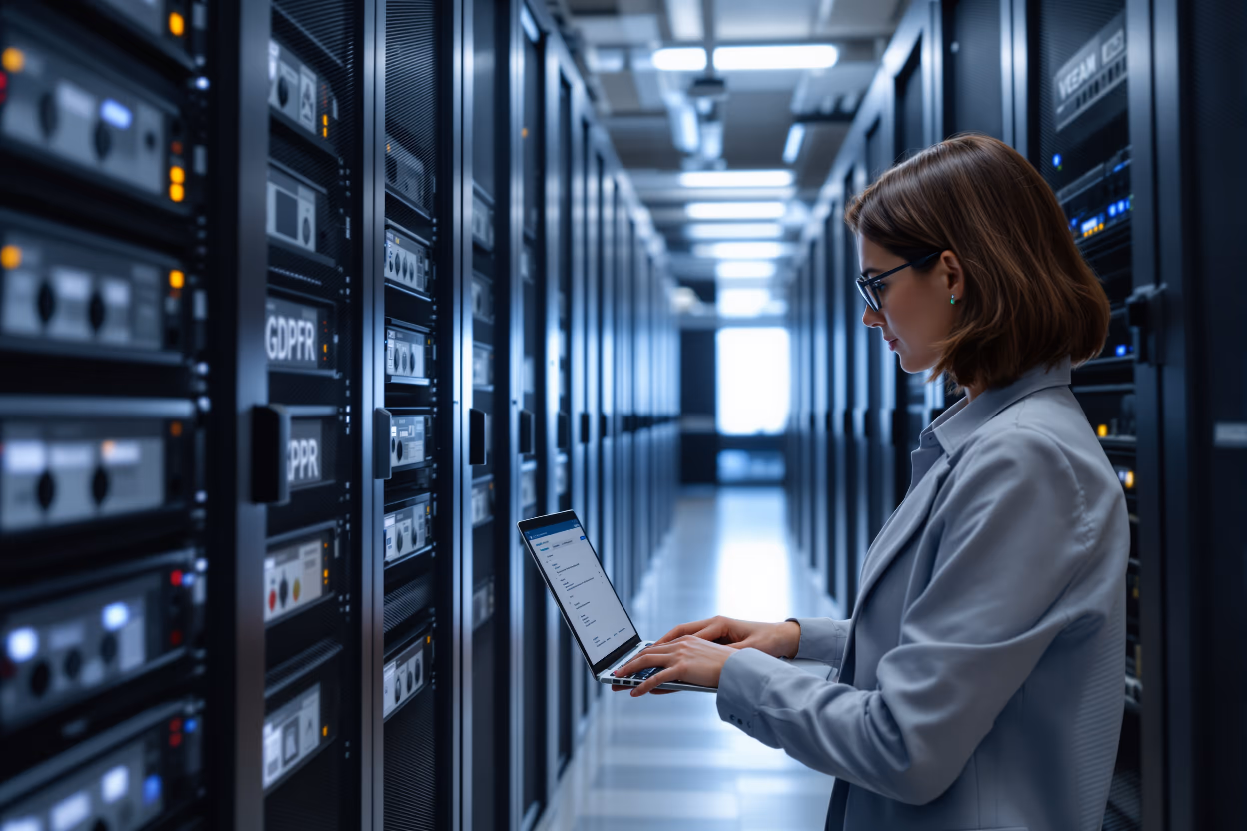 System administrator configuring Veeam backup in a European data center in 2025, focusing on GDPR compliance and data security.