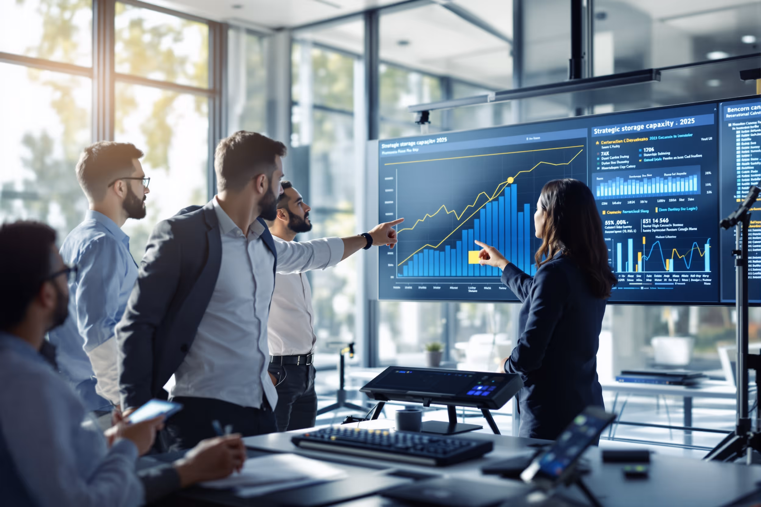 IT professionals in a UK data center control room discuss storage capacity planning for 2025.