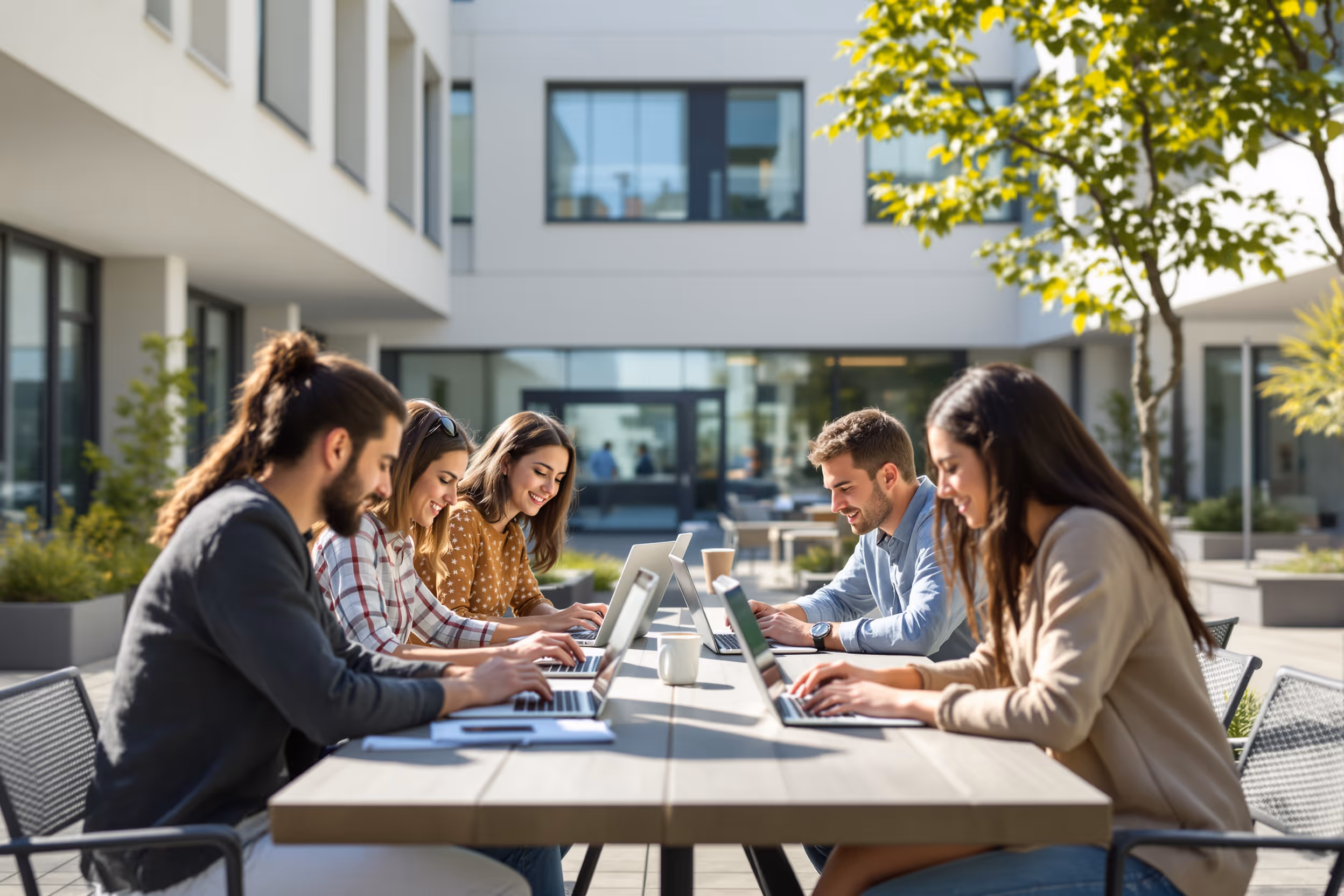 Students collaborating on laptops at a European university, emphasizing data sovereignty and security.