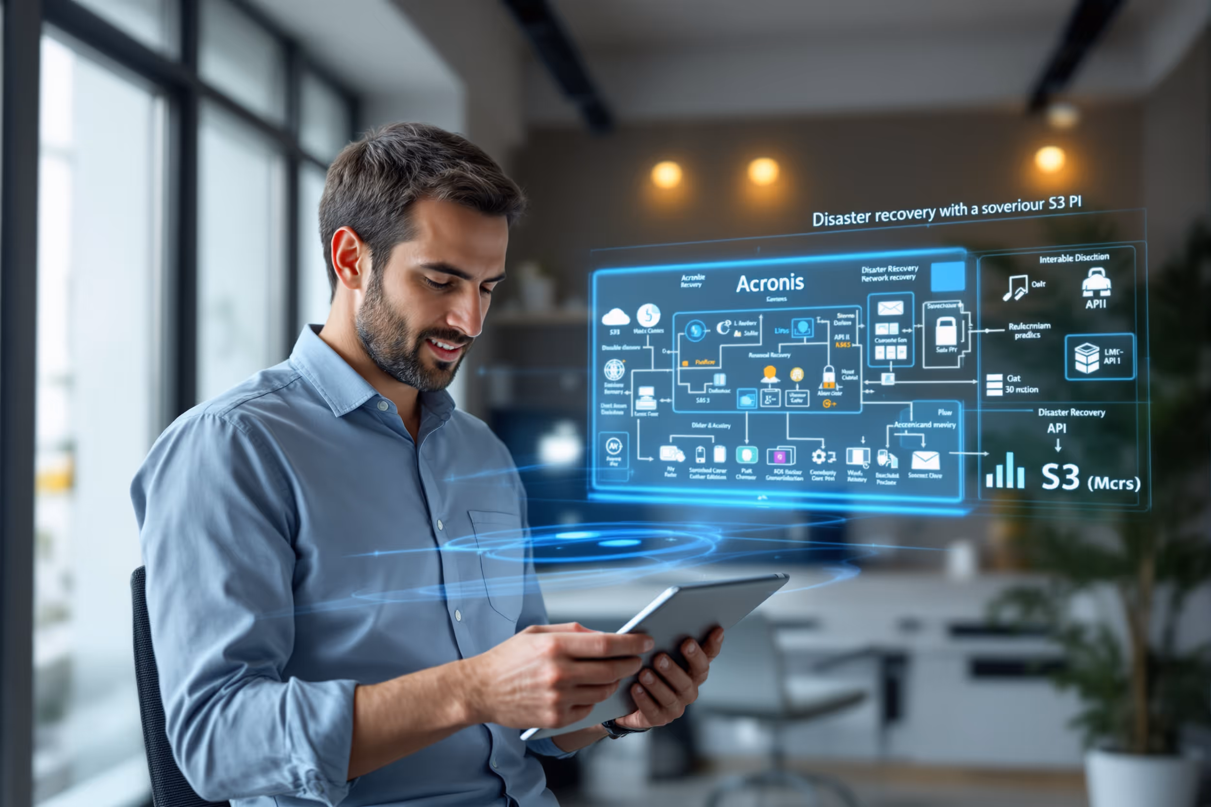 IT professional reviewing Acronis disaster recovery plan with a Sovereign S3 API integration.