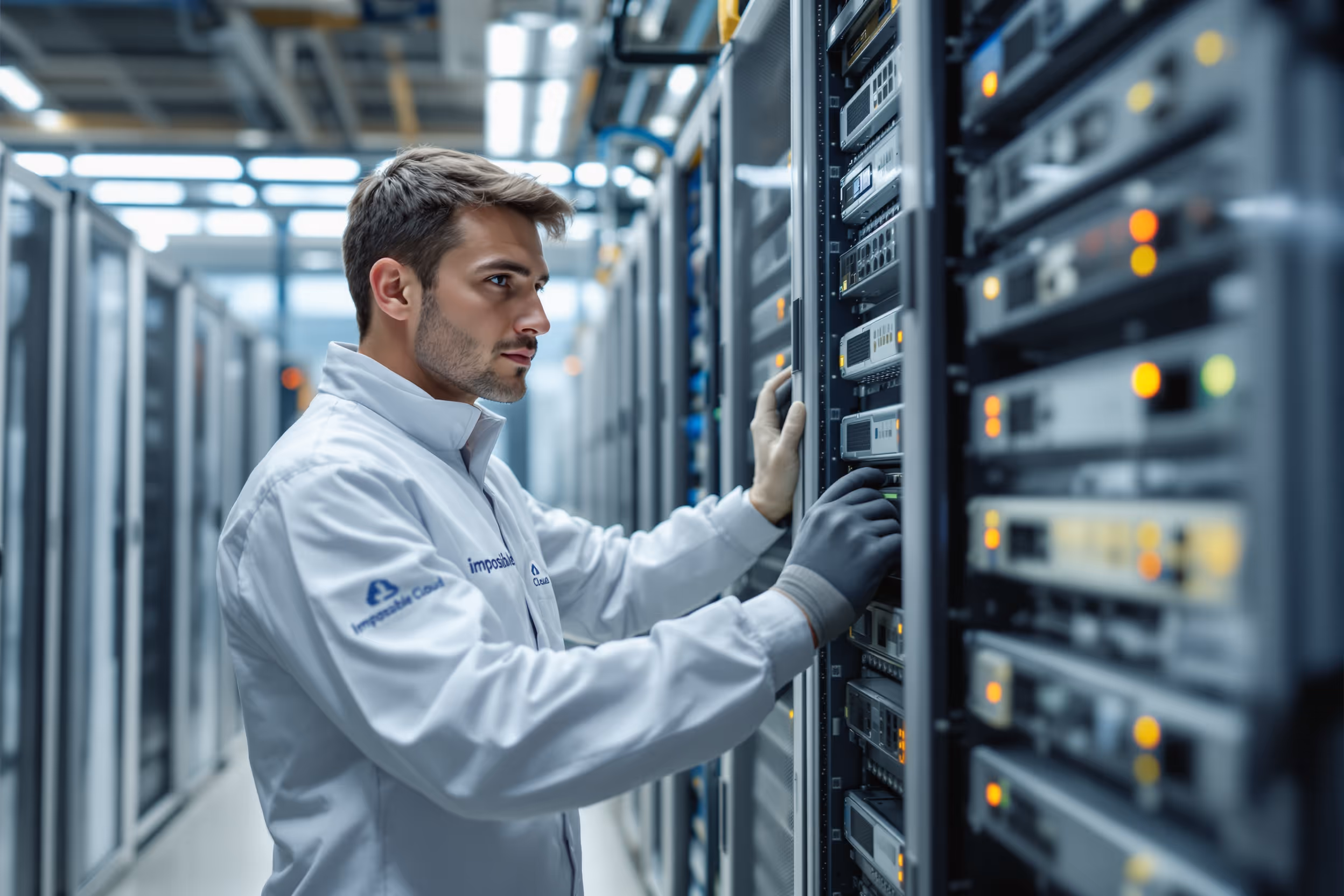 Technician inspecting secure server racks in a European data center, highlighting Impossible Cloud's data sovereignty and security measures.