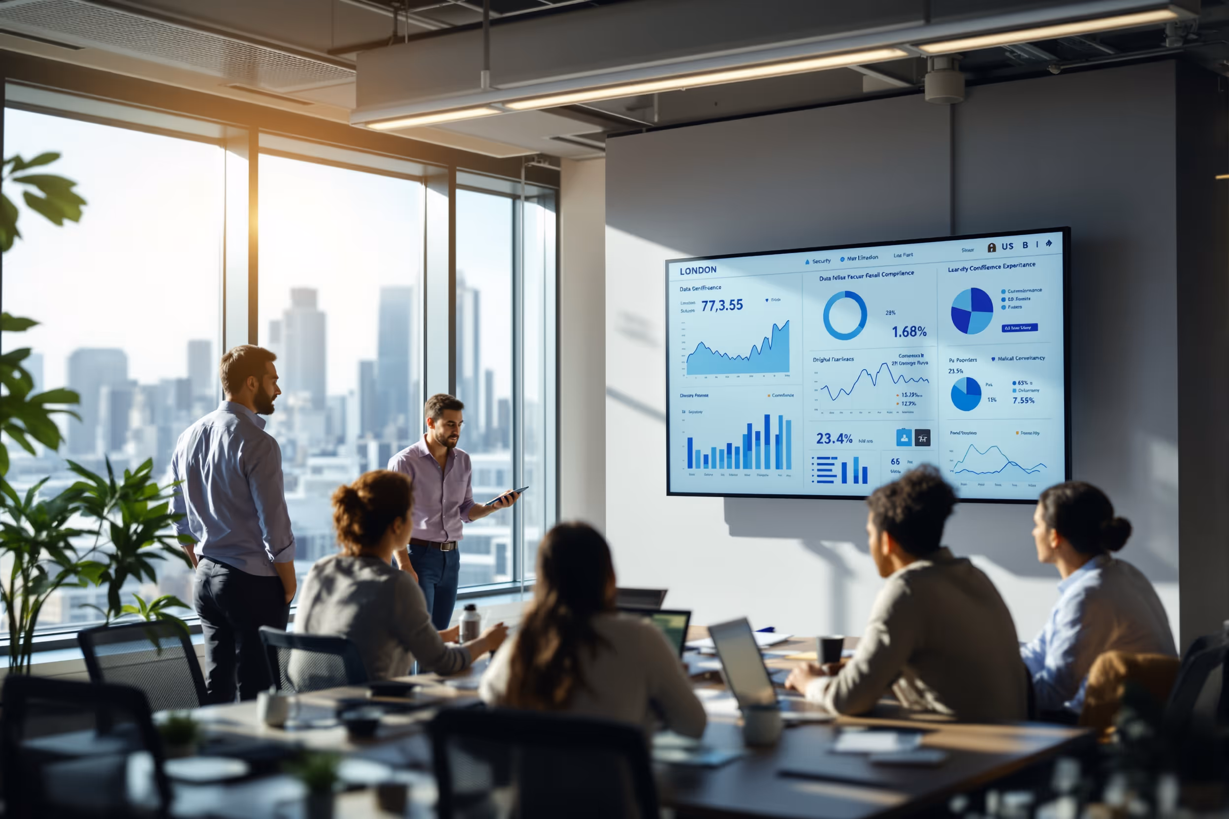 IT professionals reviewing compliance metrics in a modern London office, emphasizing data sovereignty.