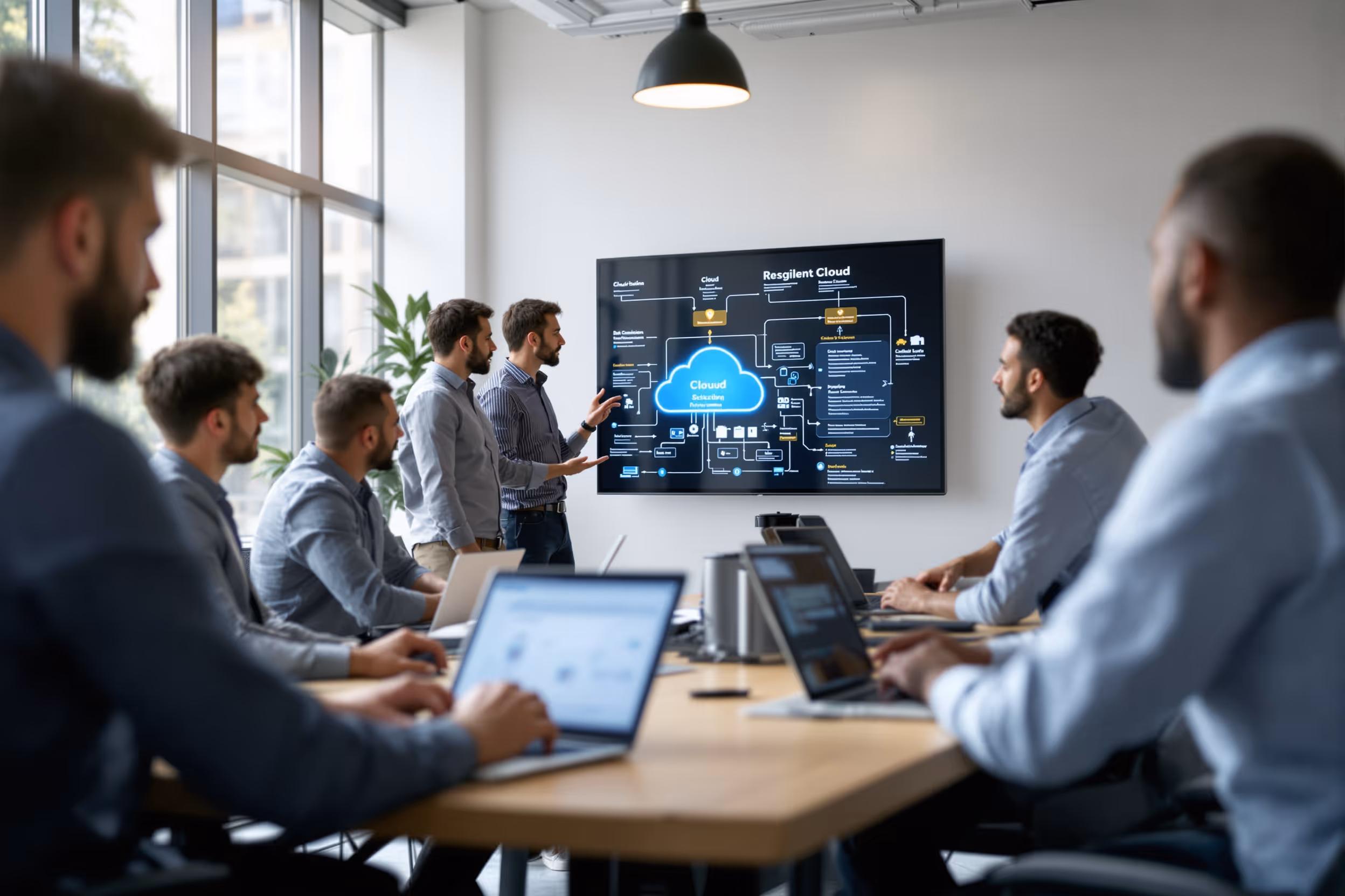 IT professionals in a UK enterprise office collaborating on sovereign cloud technologies for resilience and compliance.