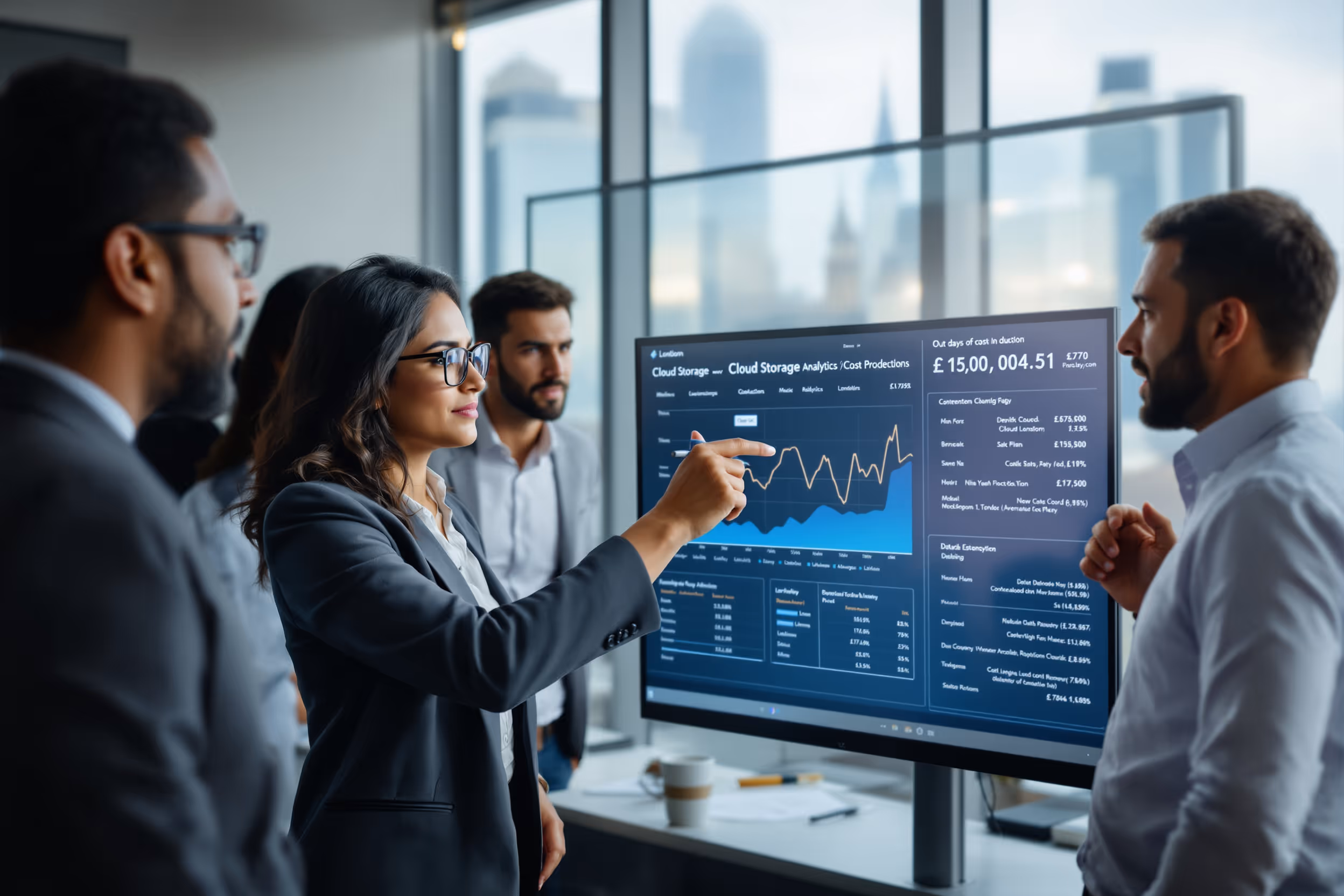 IT professionals in a modern London office analyzing cloud storage trends and cost projections for 2025, emphasizing data sovereignty and predictable costs.