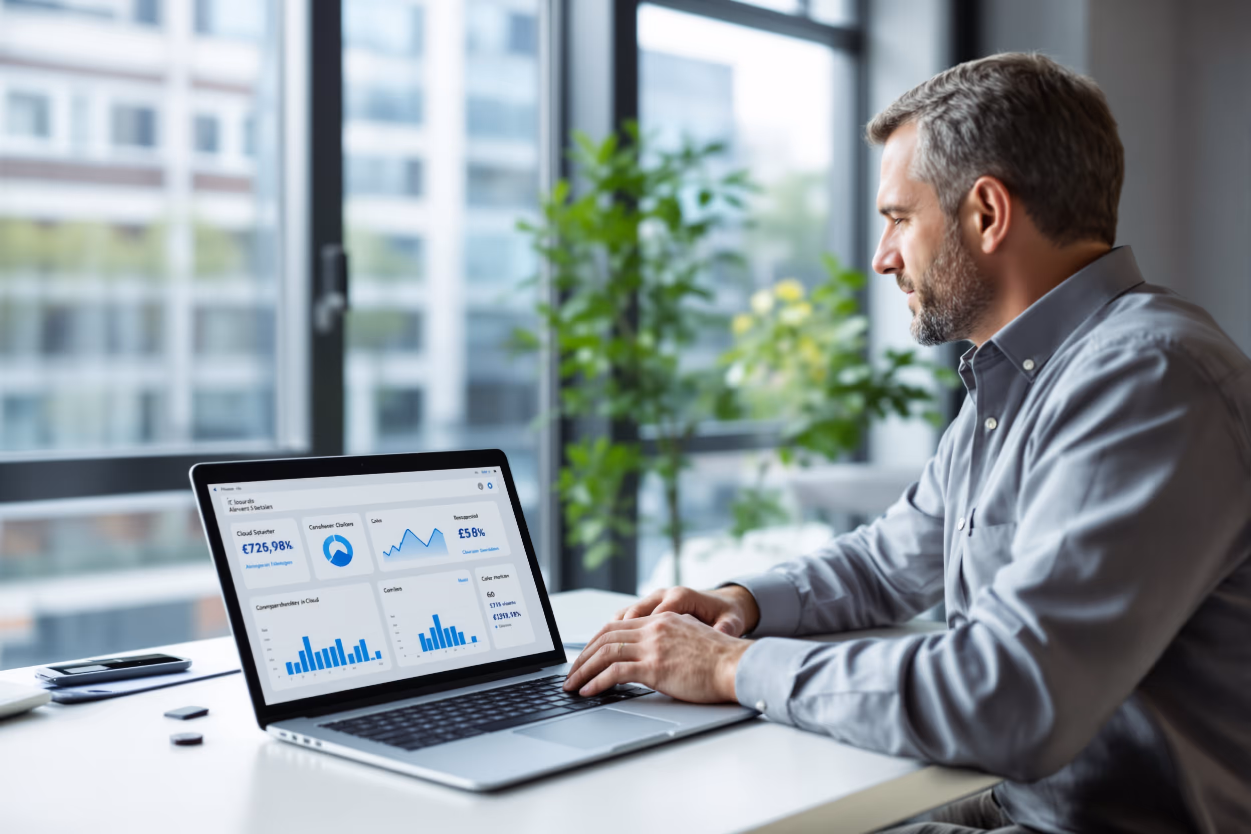 IT-Entscheider analysiert Cloud-Speicher-Kosten auf Laptop in deutschem Büro.