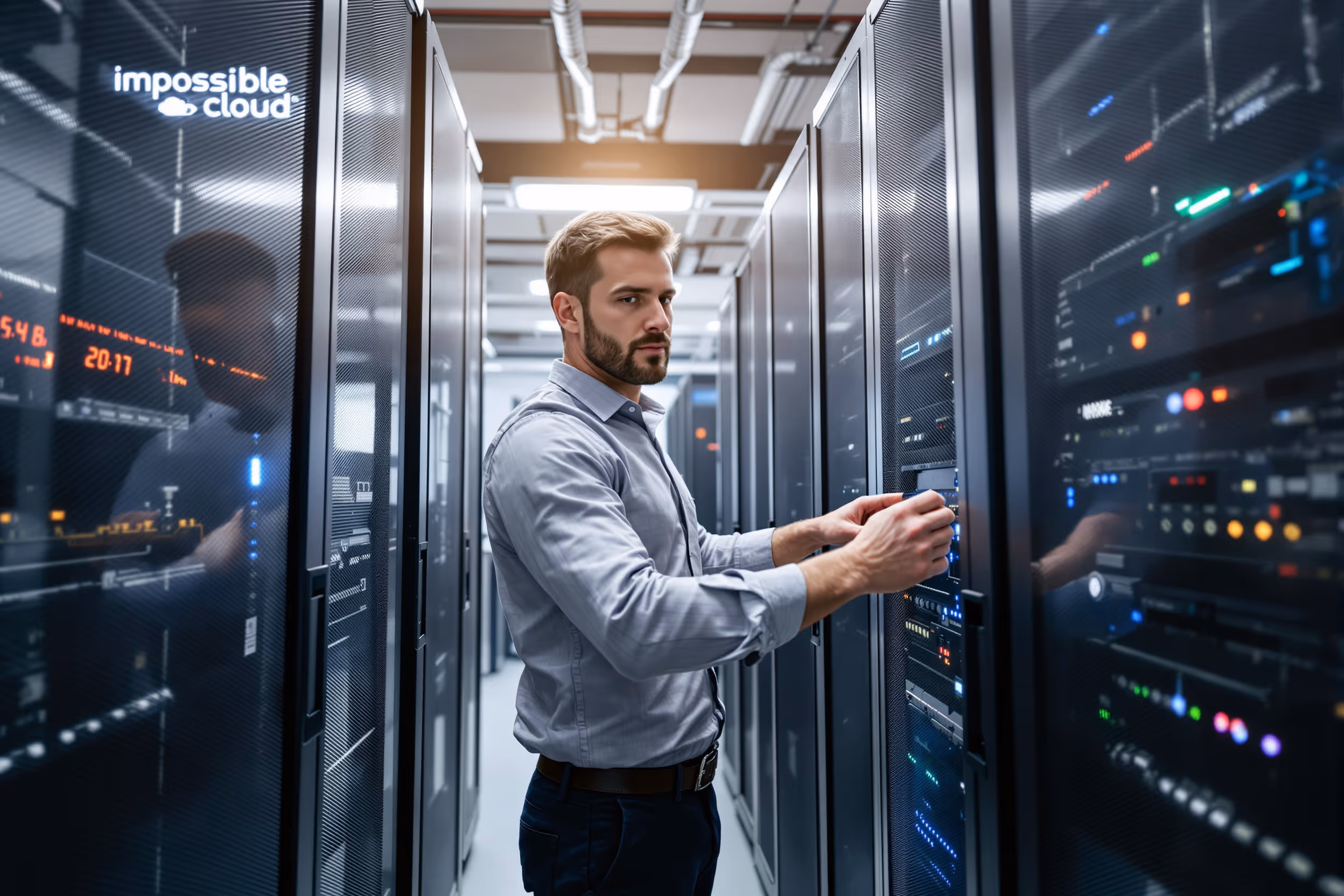 IT-Experte arbeitet im Impossible Cloud Rechenzentrum in Deutschland.