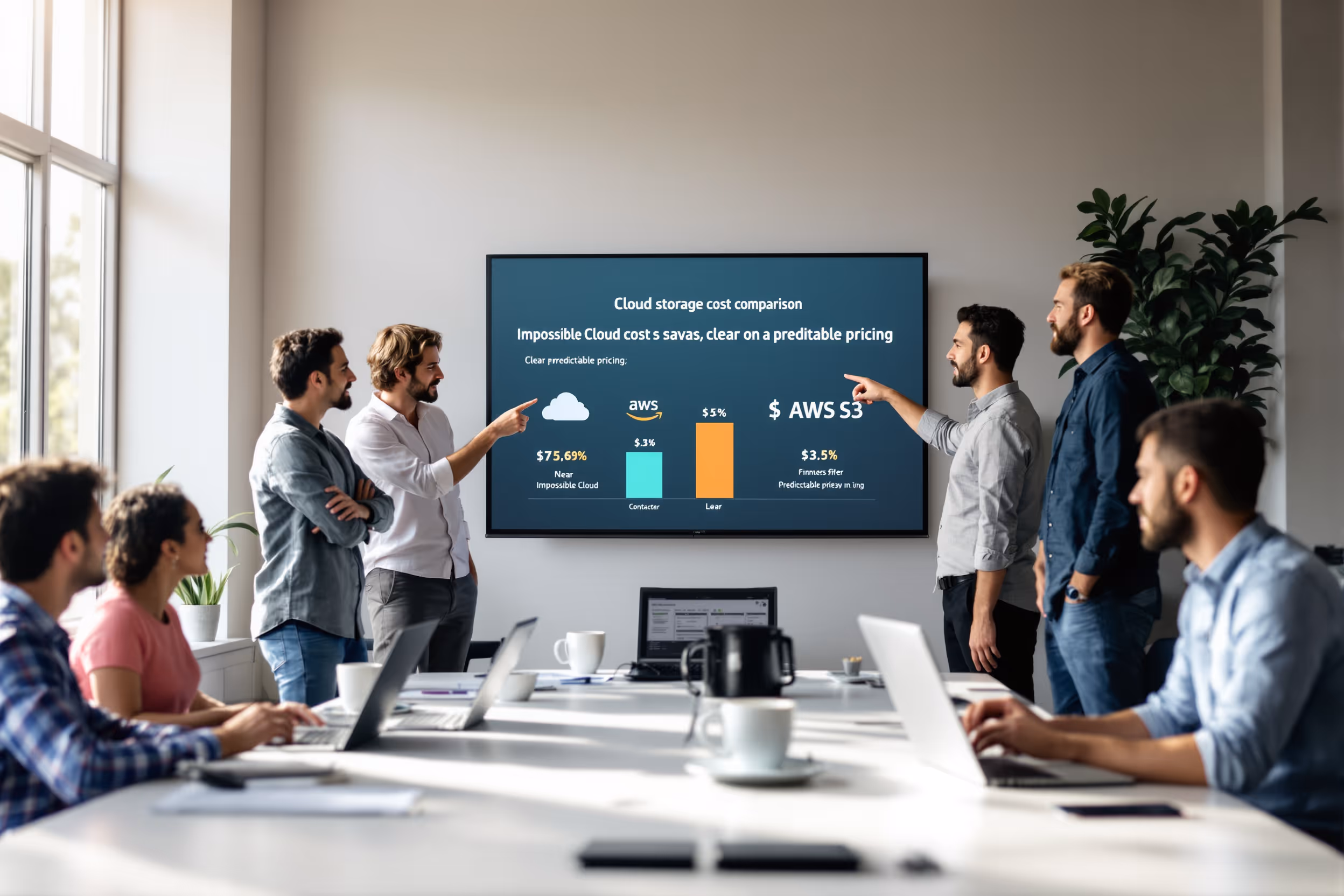 IT team reviewing cloud storage cost comparison chart, highlighting savings with Impossible Cloud.
