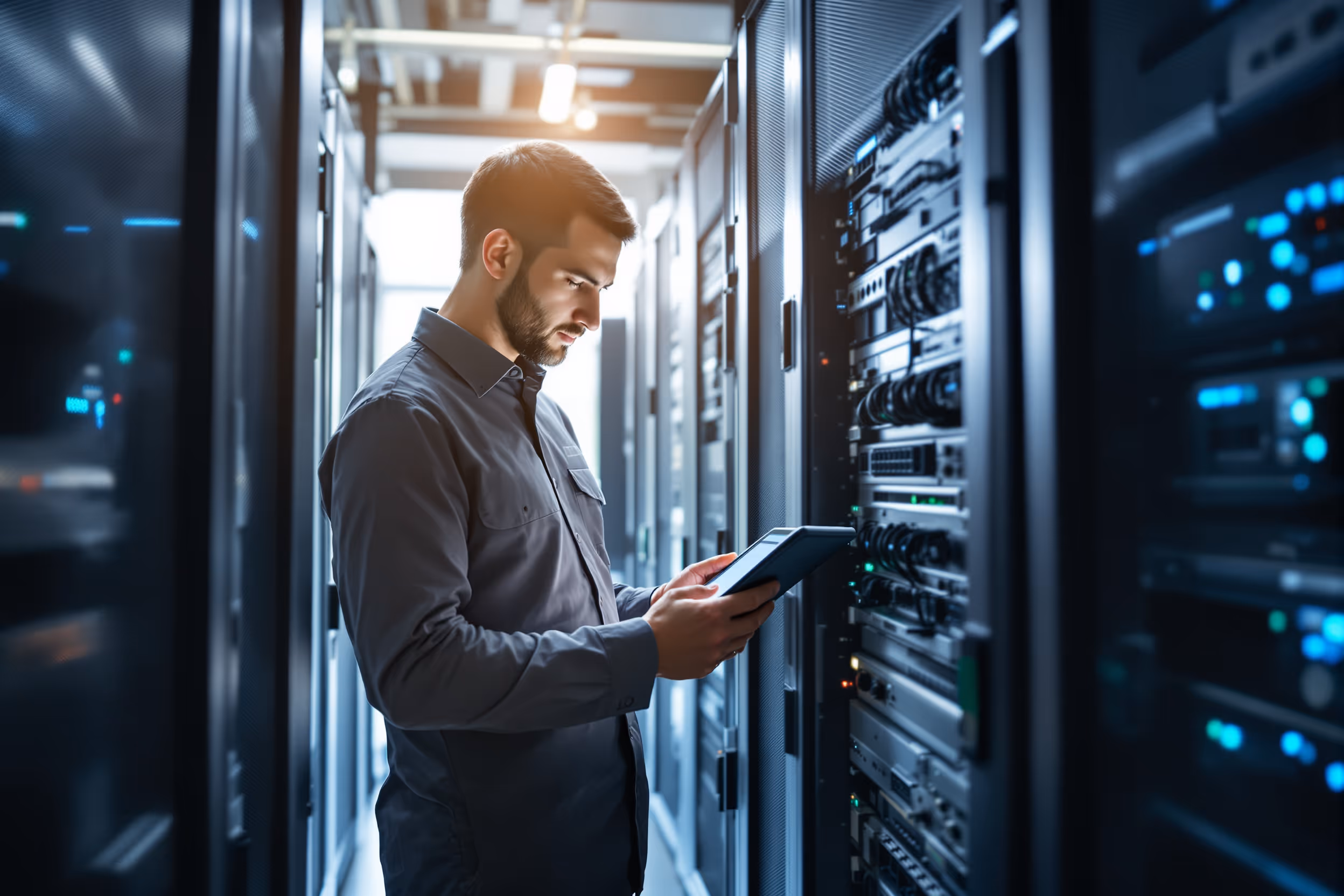 Technician maintaining Impossible Cloud servers, highlighting cost-effective and reliable cloud backup strategy.