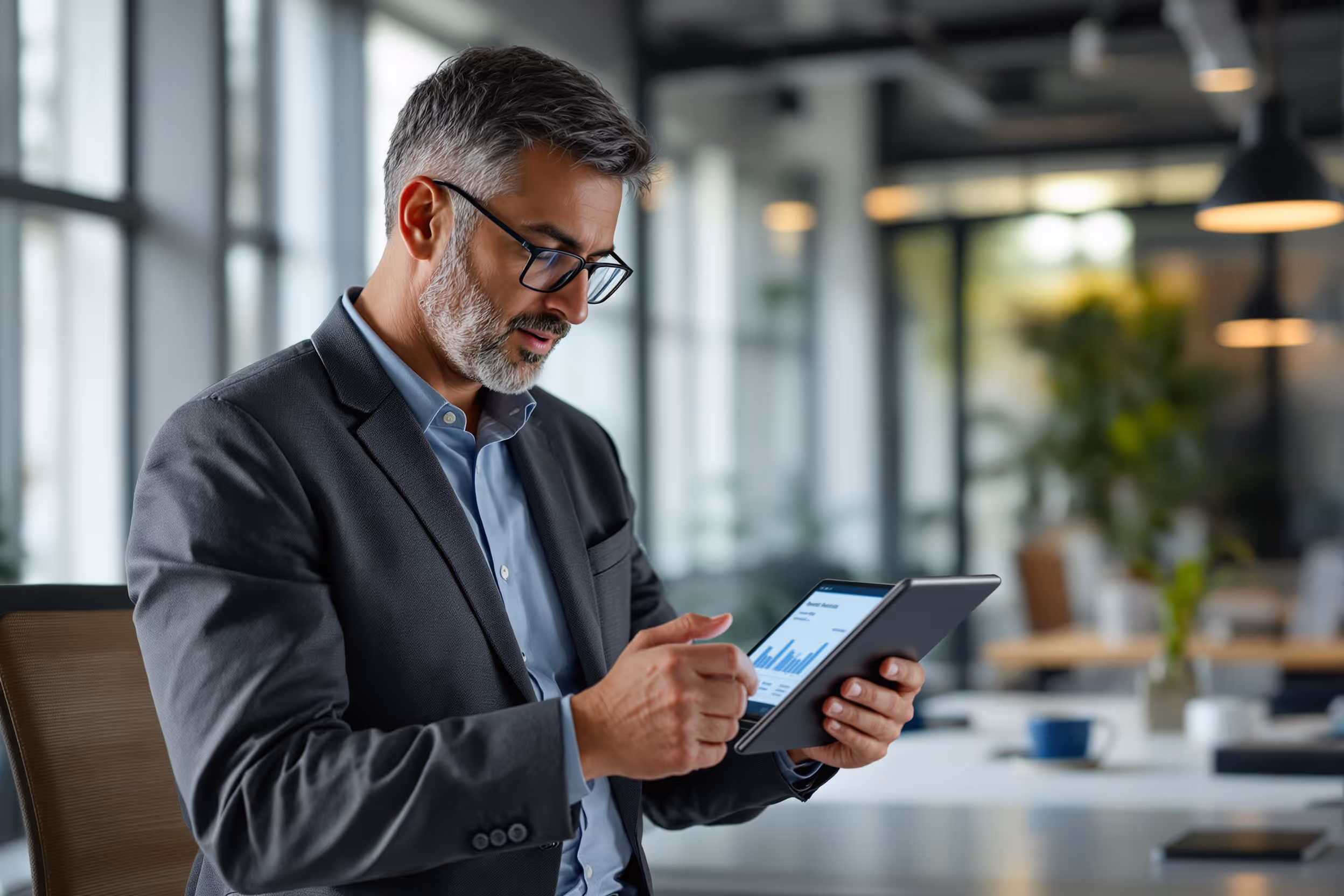 IT professional reviewing cloud storage cost savings on a tablet.
