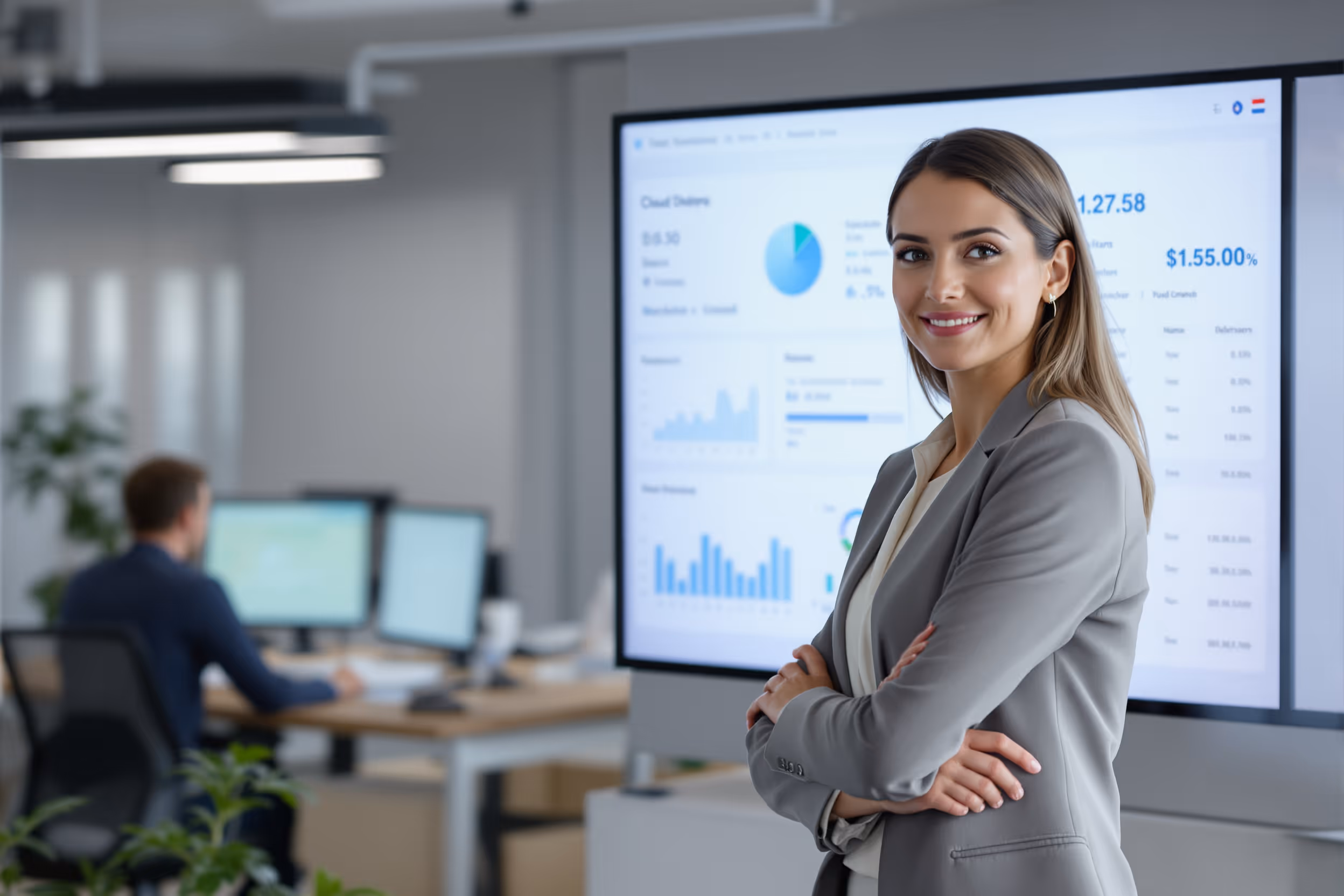 IT-manager bekijkt cloud storage dashboard in een Nederlands kantoor.