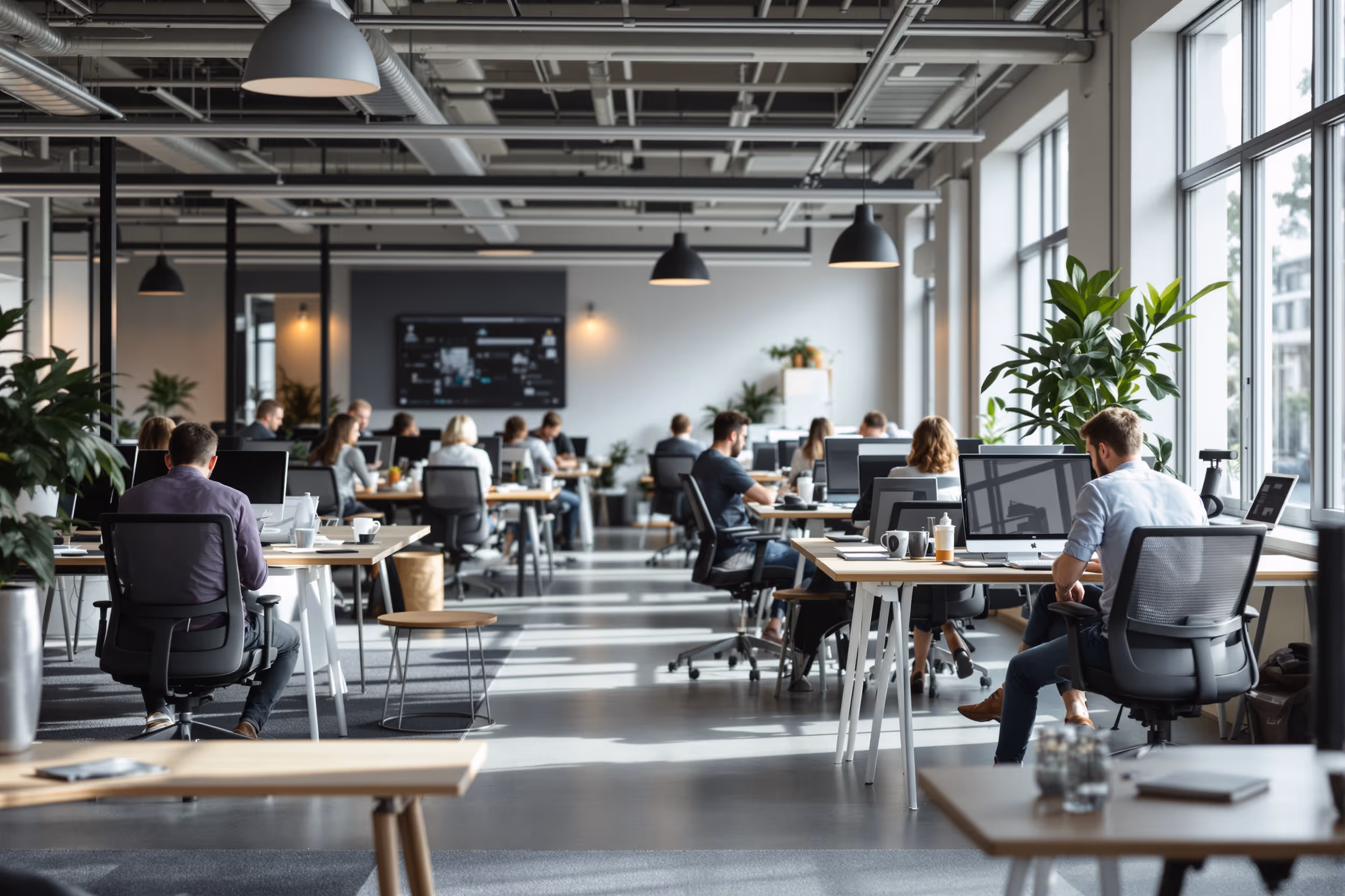IT-professionals werken in een modern Nederlands kantoor met Impossible Cloud branding.