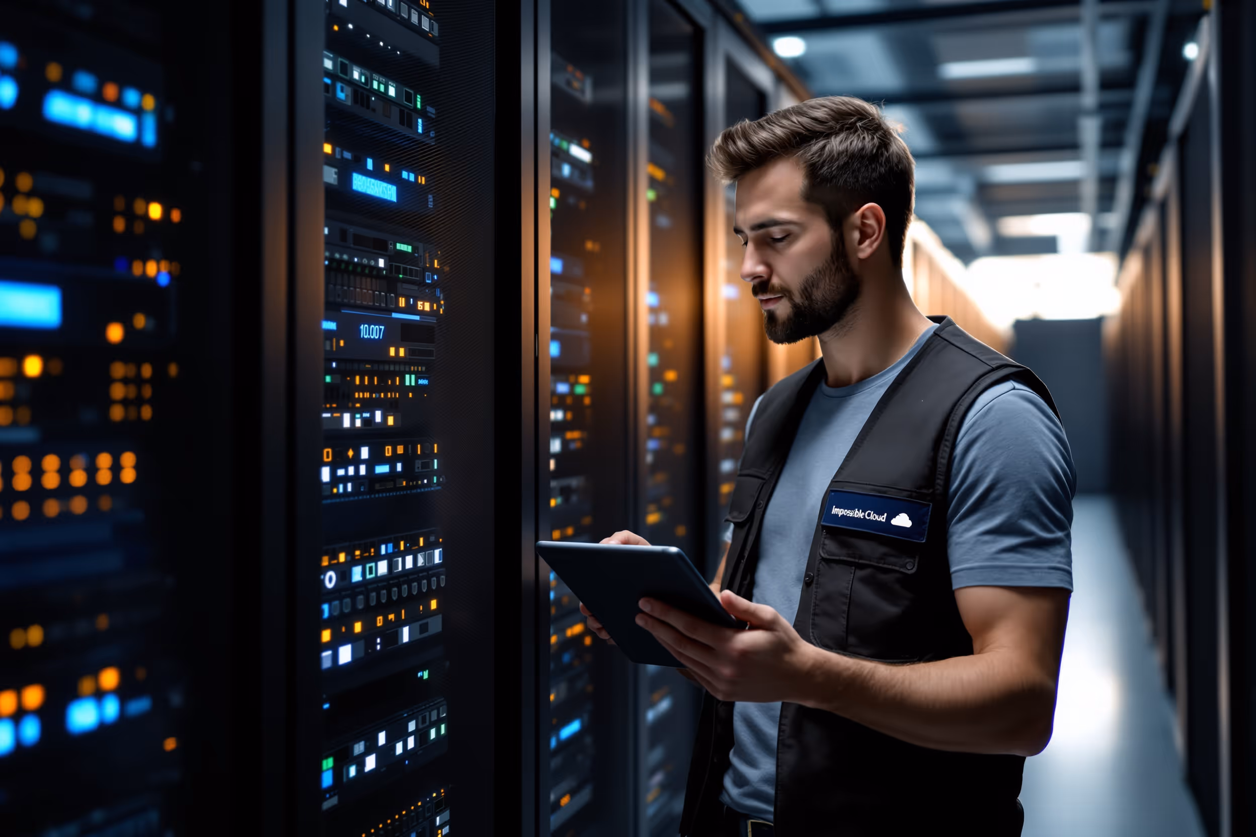 IT professional inspecting SRA compliant cloud storage servers in a European data center.