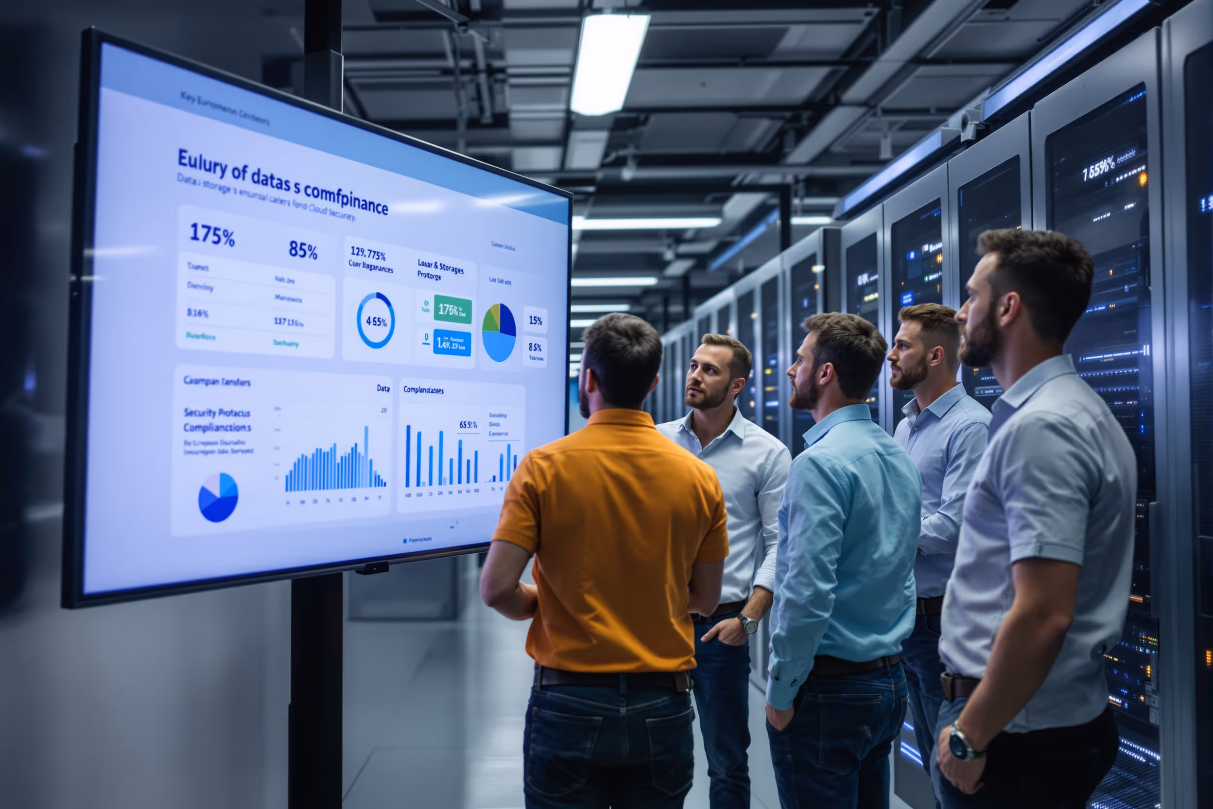 IT professionals collaborating in a modern European data center, ensuring NHS DSP Toolkit compliance with sovereign cloud storage.