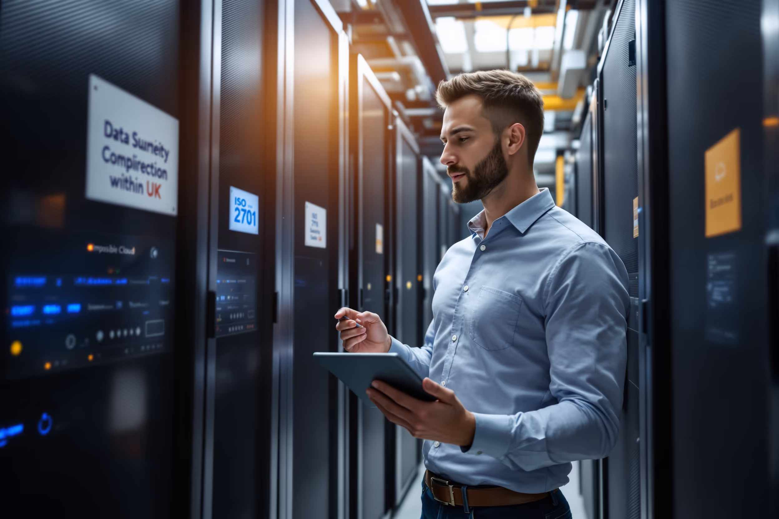 IT Manager inspecting server rack in UK data center for data sovereignty compliance.