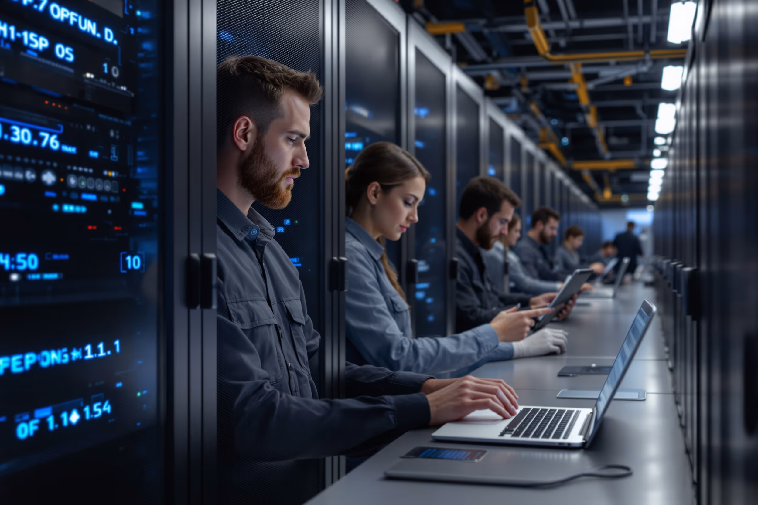 IT-professionals testen cloud opslag snelheid in een Nederlands datacenter in 2025.