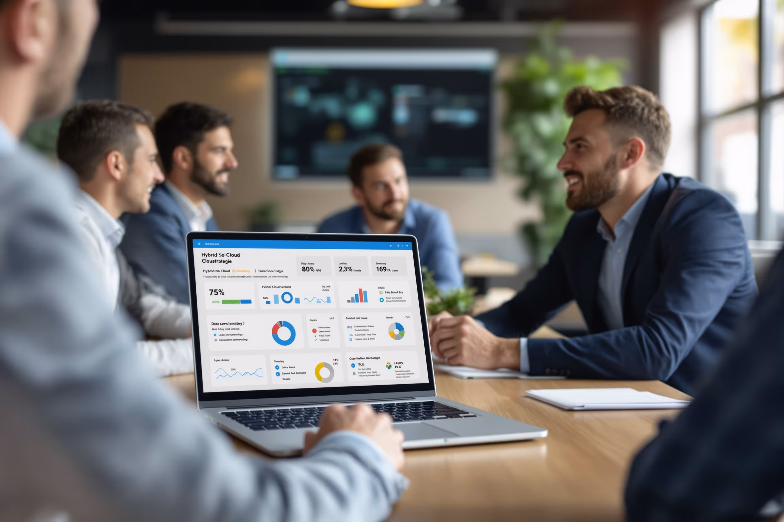 Team bespreekt hybride cloudstrategie voor datasoevereiniteit en lagere TCO in een modern kantoor.