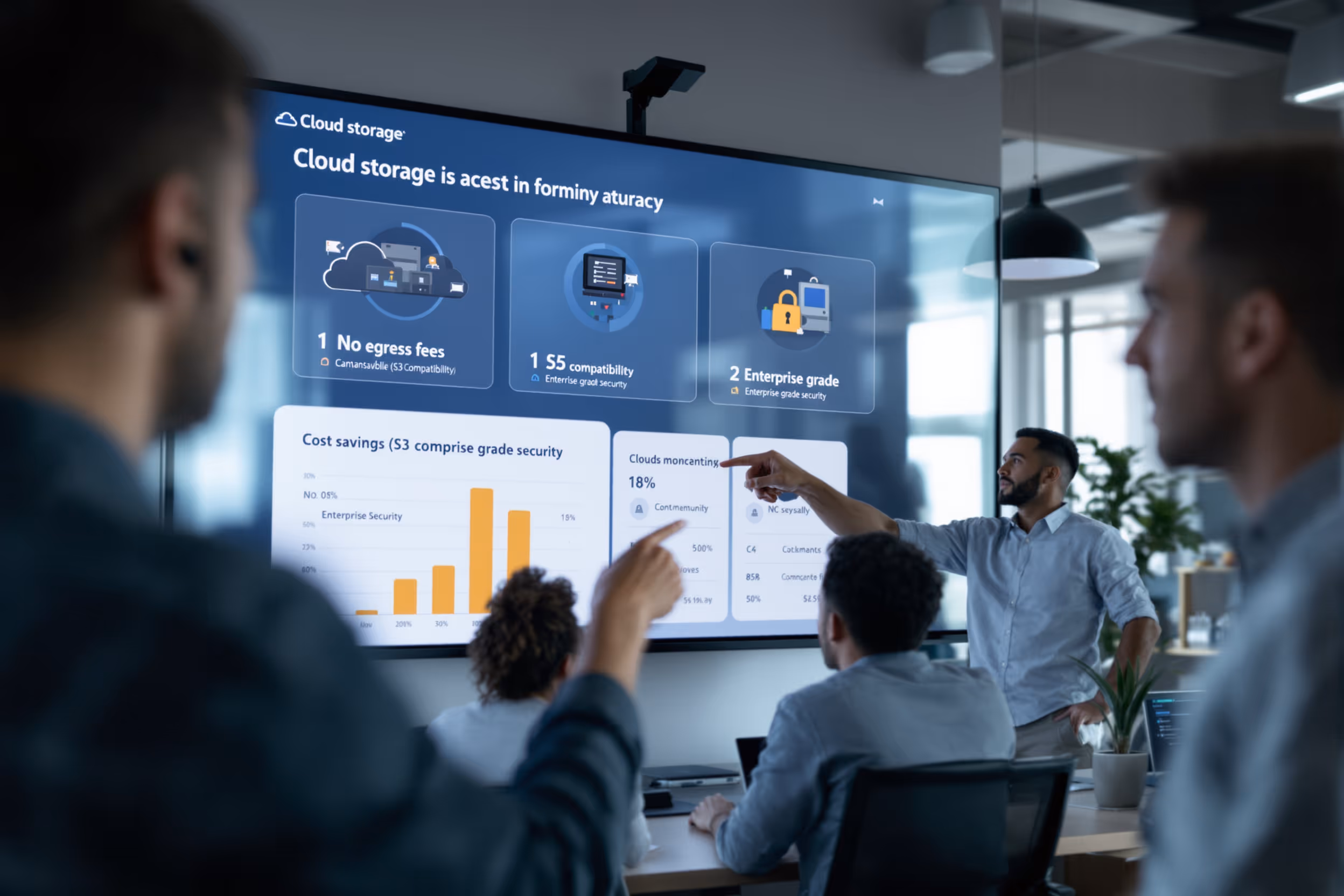 IT professionals review cost-effective cloud storage solutions on a monitor.