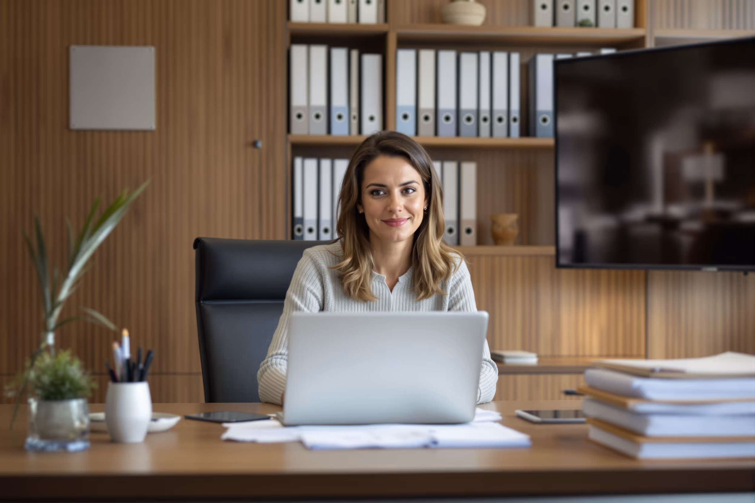 Advocaat werkt in modern kantoor met traditionele en digitale dossiers.