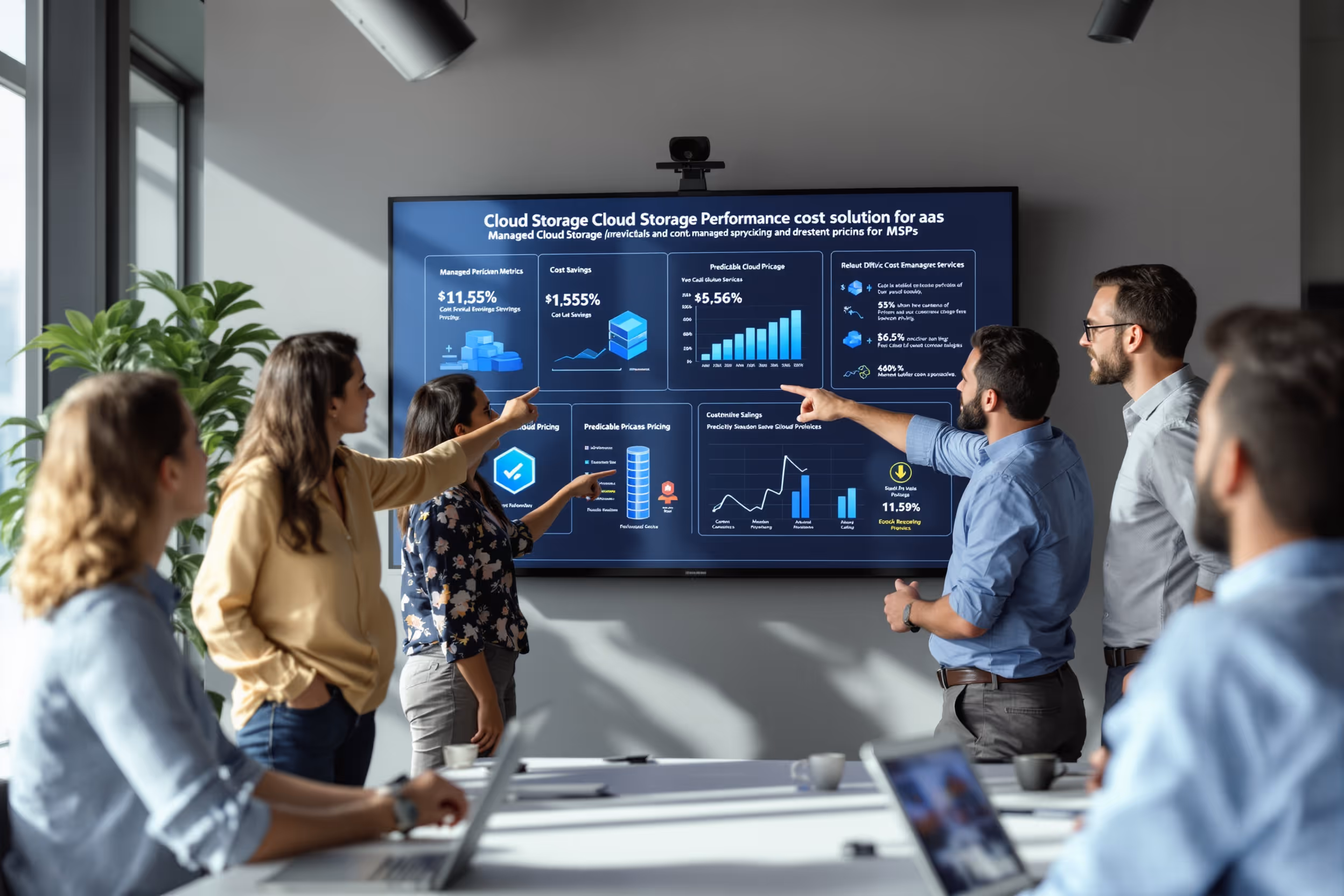 IT professionals discussing cloud storage performance metrics and cost savings in a modern office.