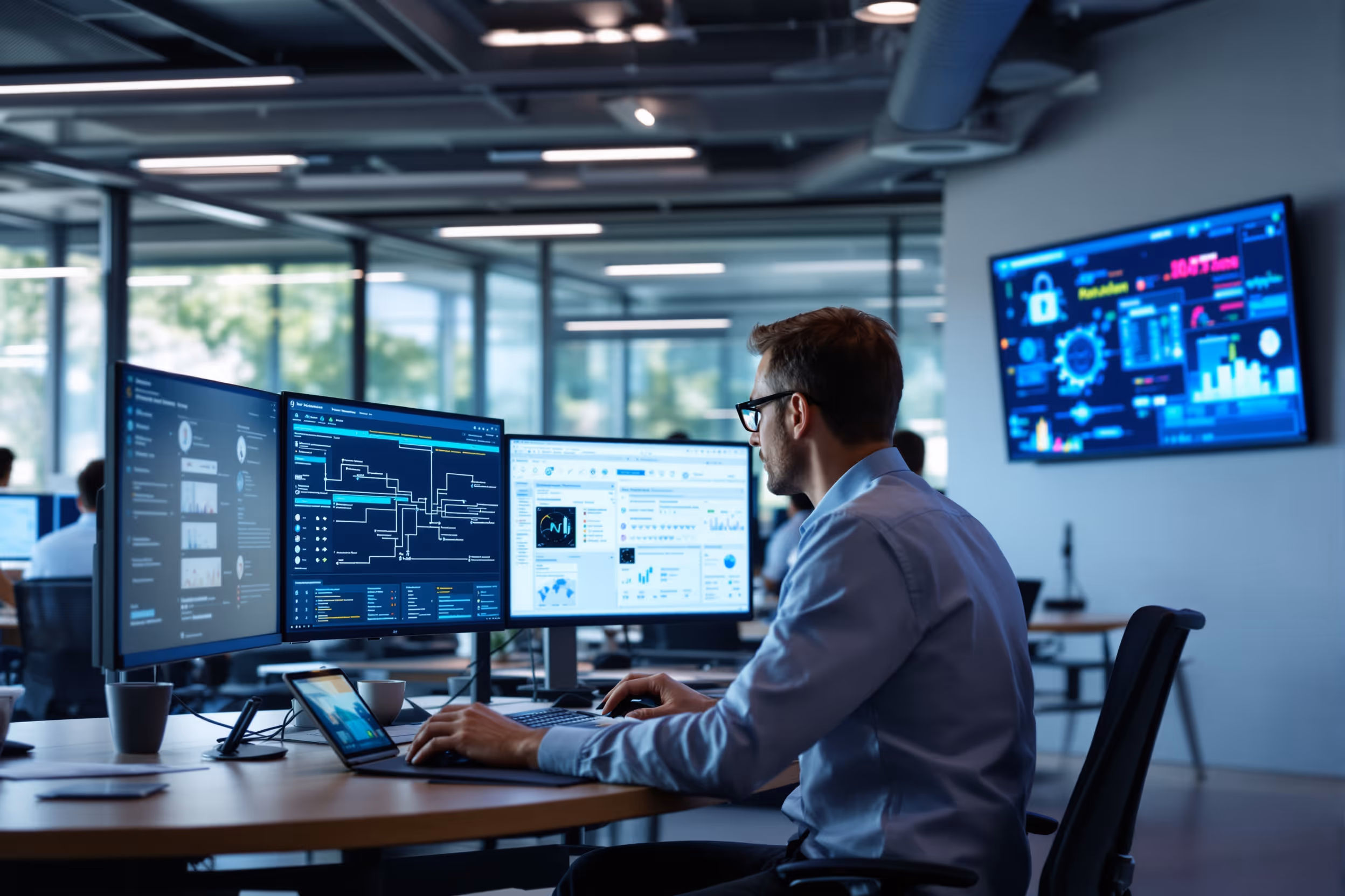 IT-Sicherheitsexperte analysiert Netzwerkdiagramme zum Schutz vor Ransomware in einer modernen IT-Abteilung.