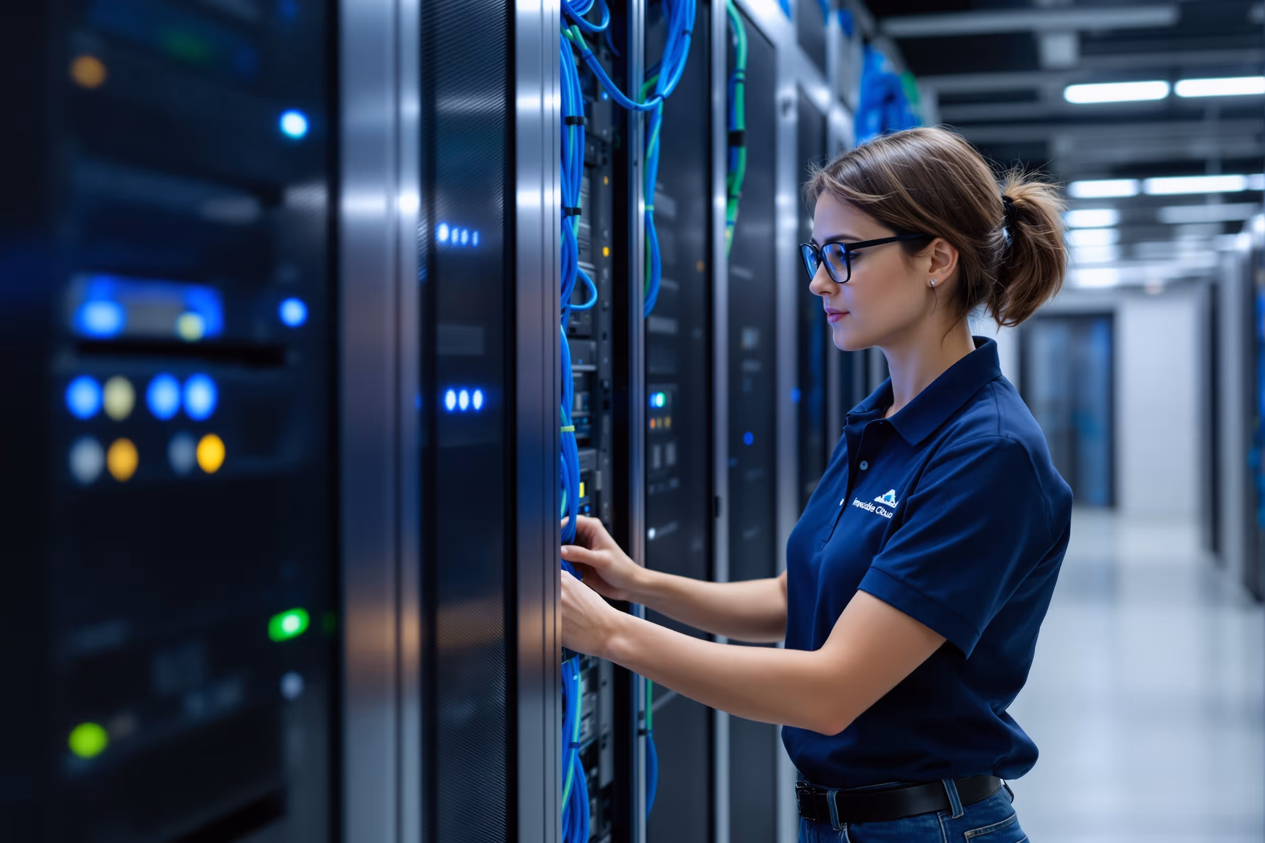 System administrator inspecting server racks in a secure European data center, highlighting Impossible Cloud's commitment to data sovereignty.