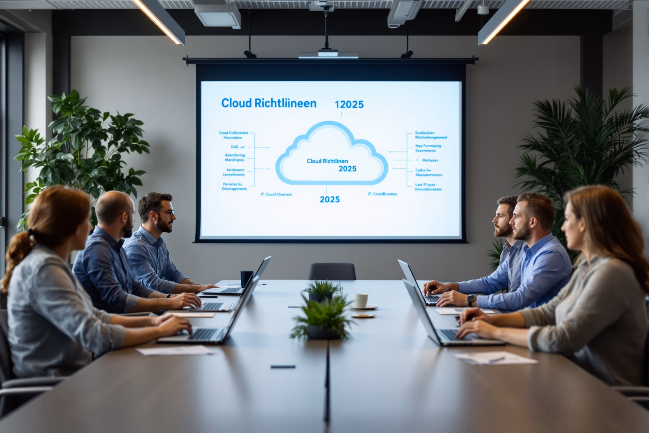 Vergadering over cloudrichtlijnen 2025 in een Nederlands bedrijf.