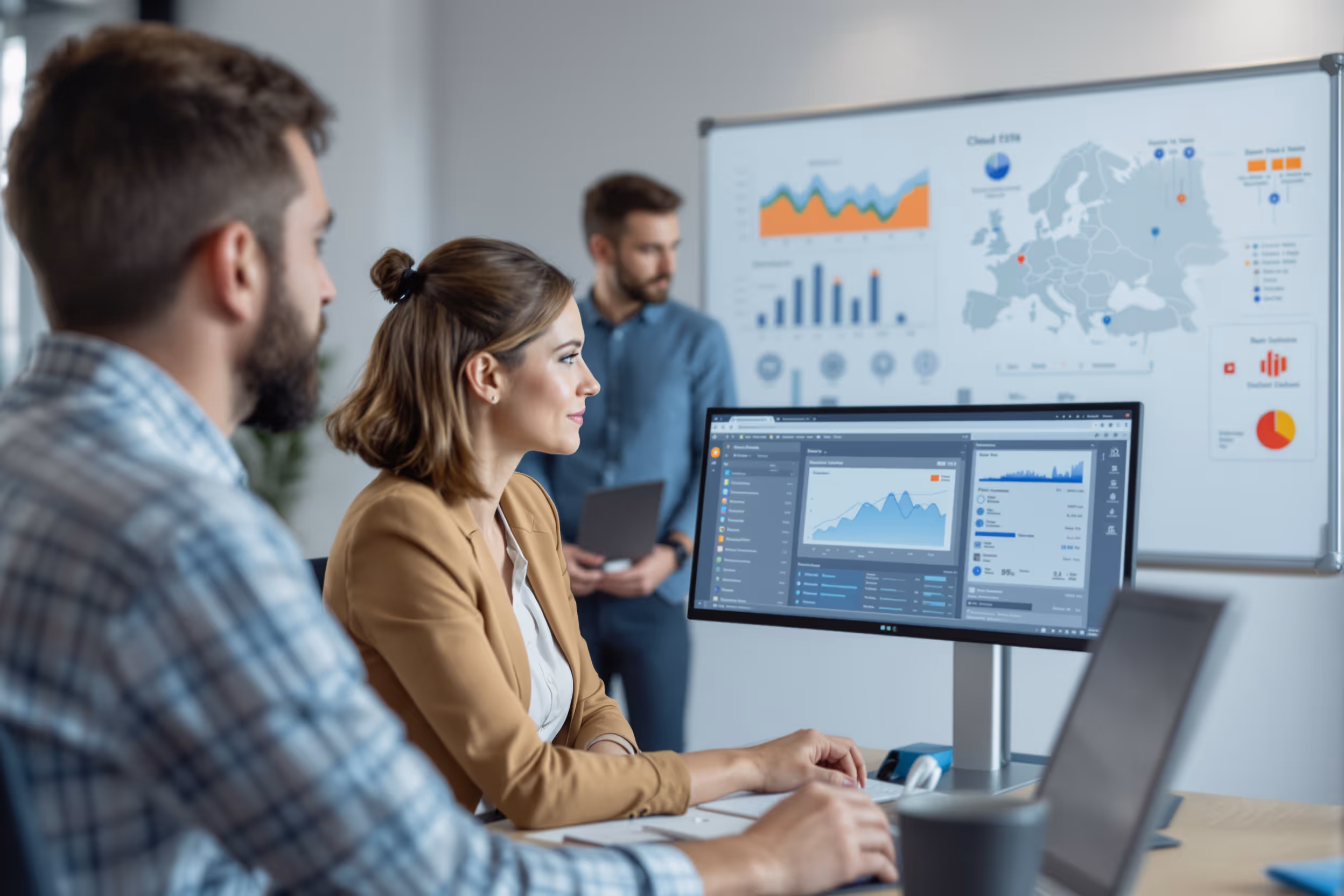 IT-manager en DevOps Engineer bespreken NEN 7510 compliance en cloudopslag in een modern Nederlands kantoor.