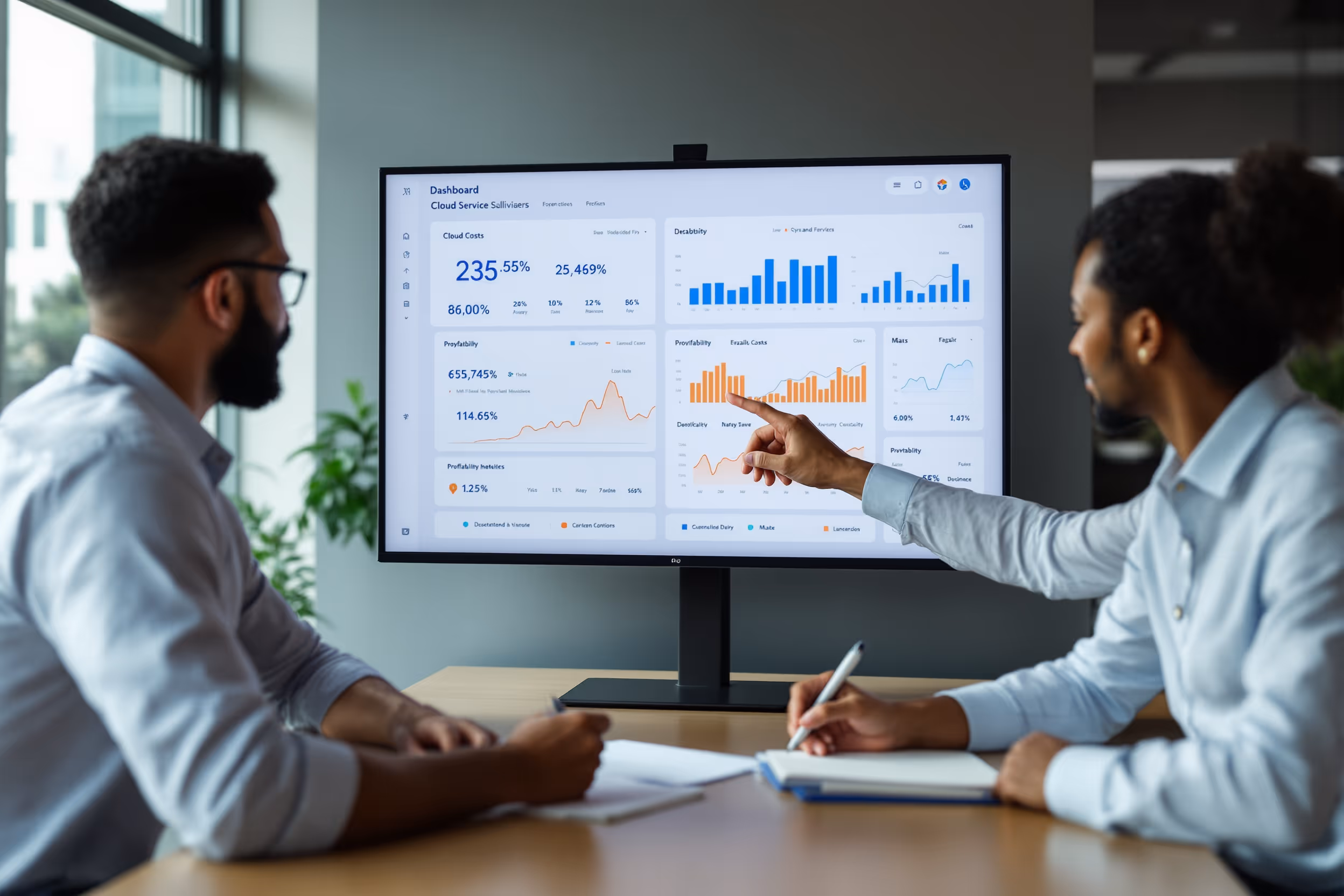 Financial professionals reviewing cloud service profitability metrics on a digital dashboard.