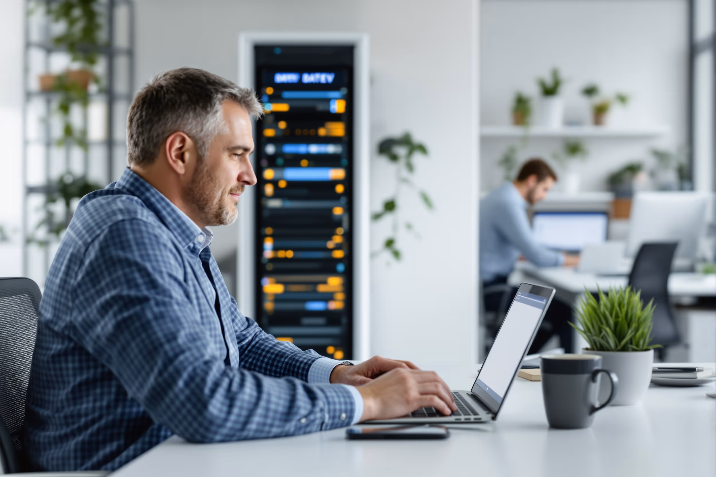 Steuerberater arbeitet mit DATEV-Software in moderner Kanzlei, IT-Spezialist im Hintergrund