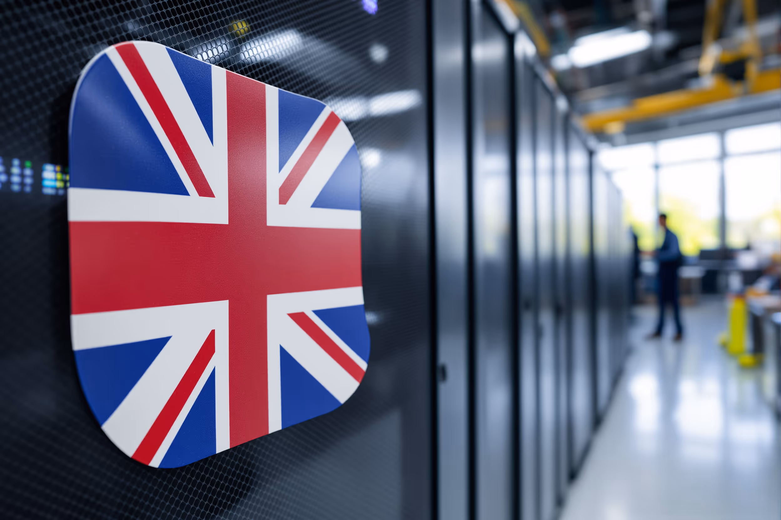 UK-hosted data center with secure server racks, symbolizing digital sovereignty and GDPR compliance.