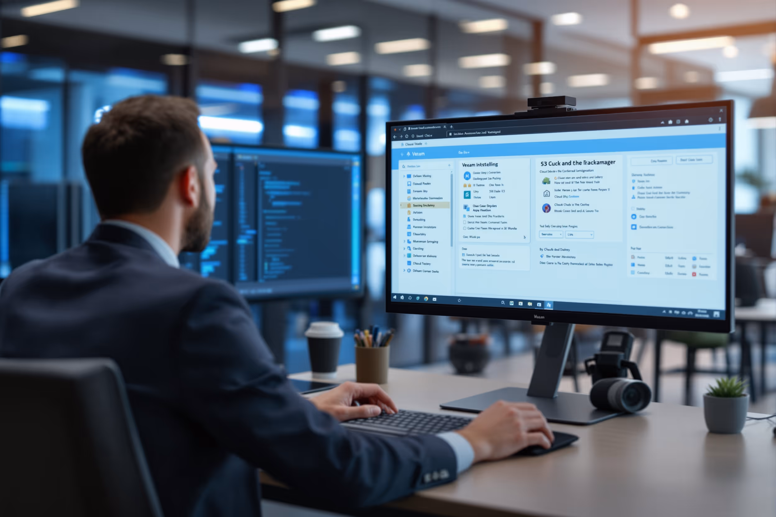 IT-manager configureert Veeam immutability op S3 in een moderne kantooromgeving.