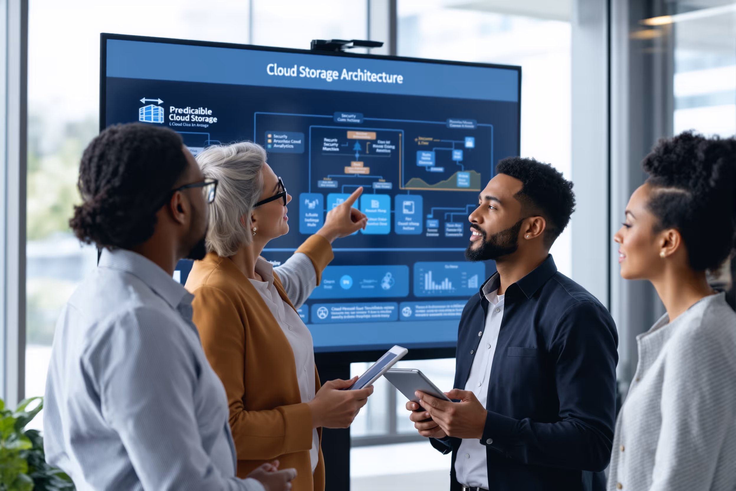 IT team collaborating on cloud storage architecture and cost analysis.
