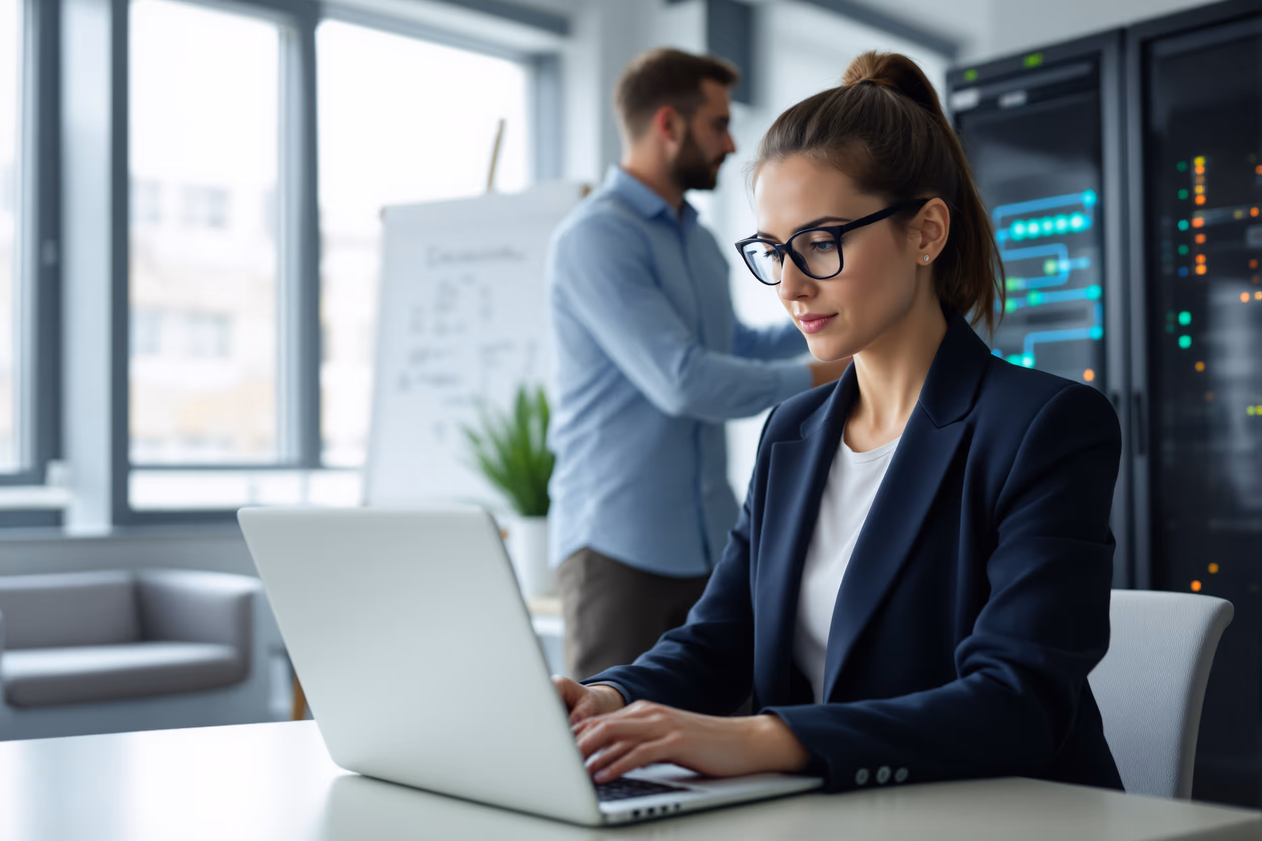 IT-Spezialisten arbeiten an der Cloud-Speicherverschlüsselung in einem sicheren Büroumfeld, um digitale Souveränität zu gewährleisten.