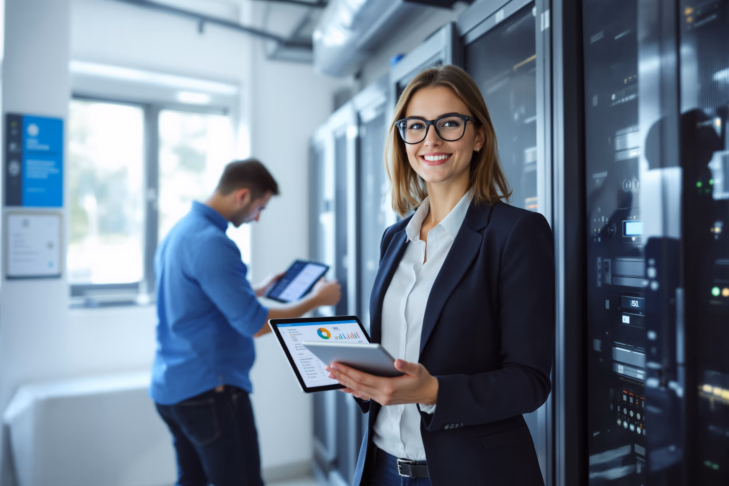 IT Manager reviewing Bar Council compliance on a tablet in a secure, European data center.