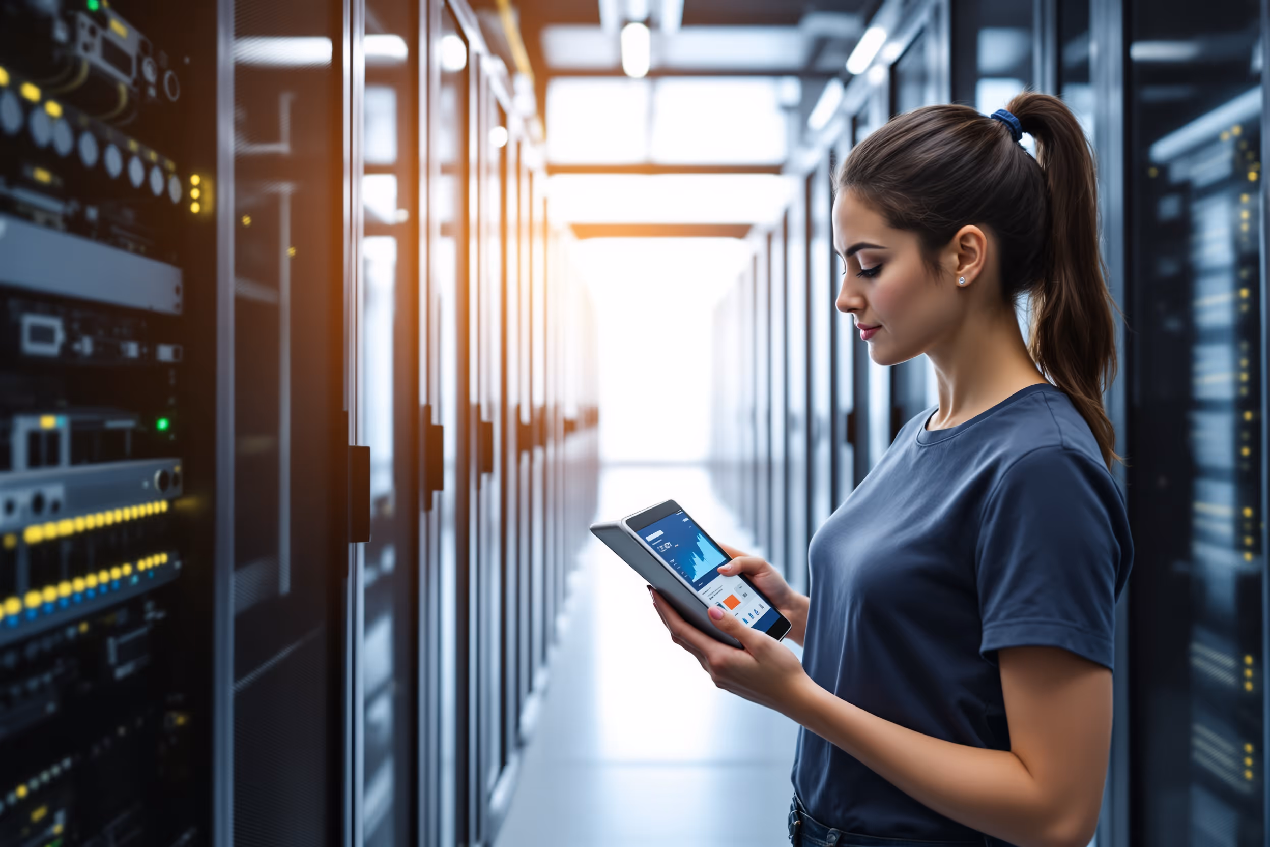 IT engineer inspecting server rack in a European data center ensuring data sovereignty.