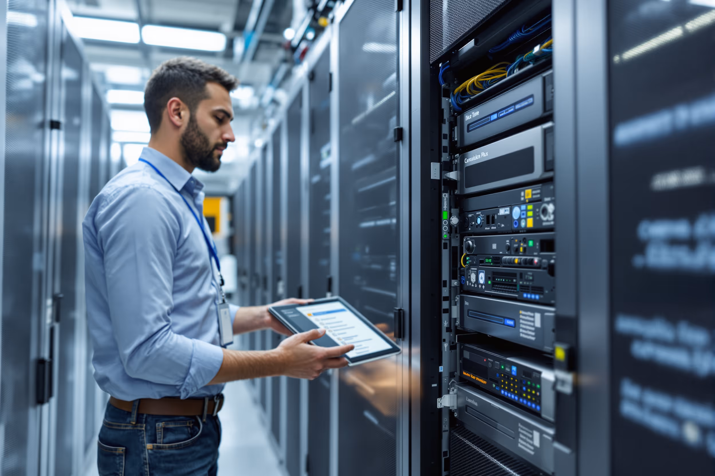 IT specialist inspecting server rack for Cyber Essentials Plus compliance in a European data center.