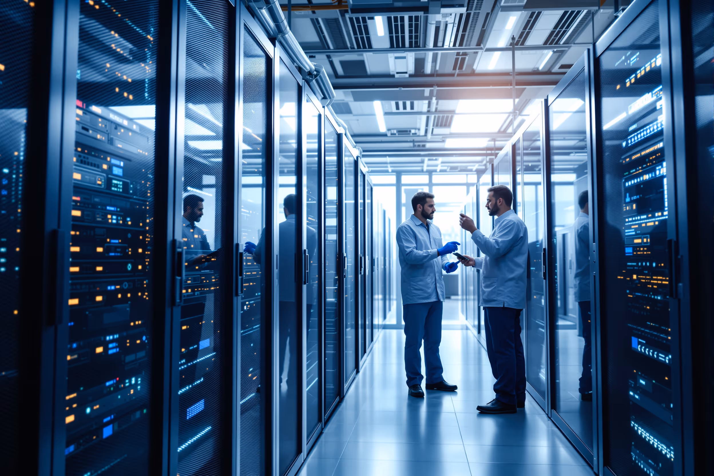 Secure European data center with technicians managing medical imaging cloud archive infrastructure.