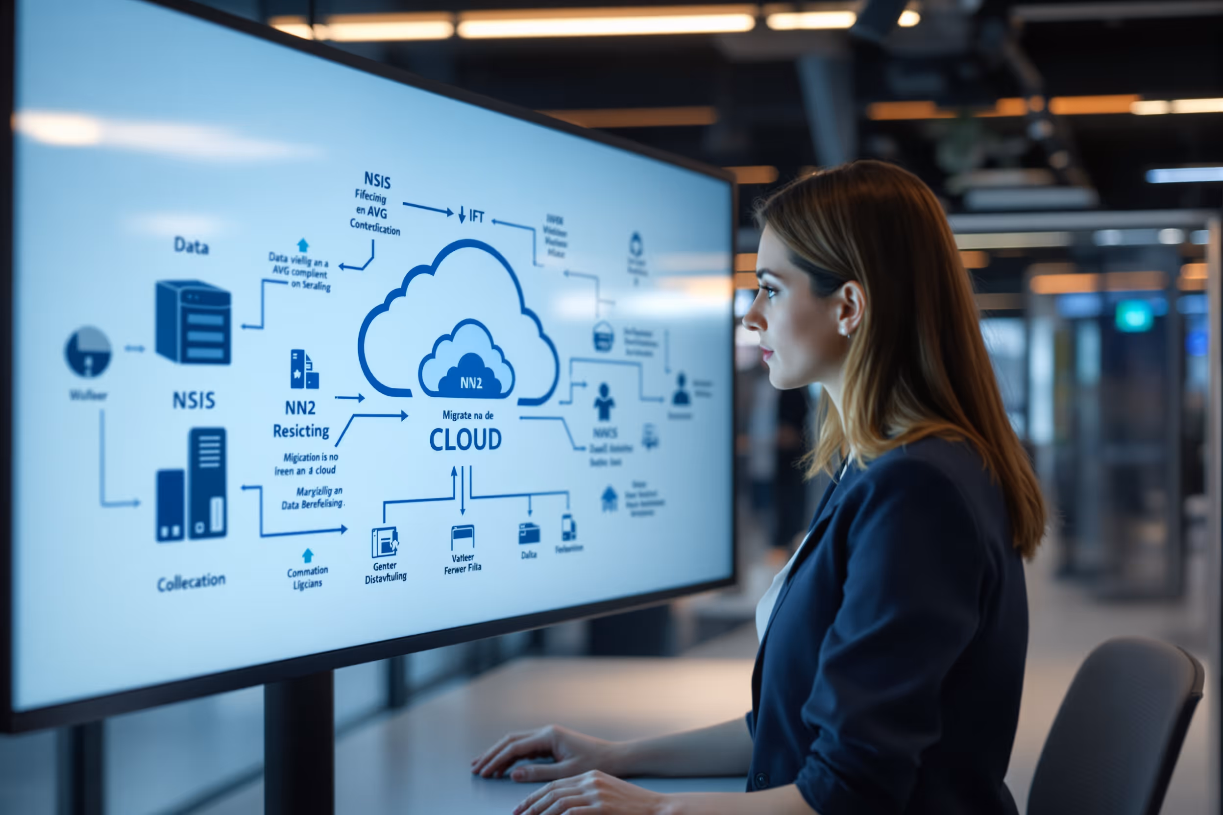 IT-manager bekijkt diagram van NAS naar cloud backup migratie, met nadruk op AVG-compliance en kostenreductie.