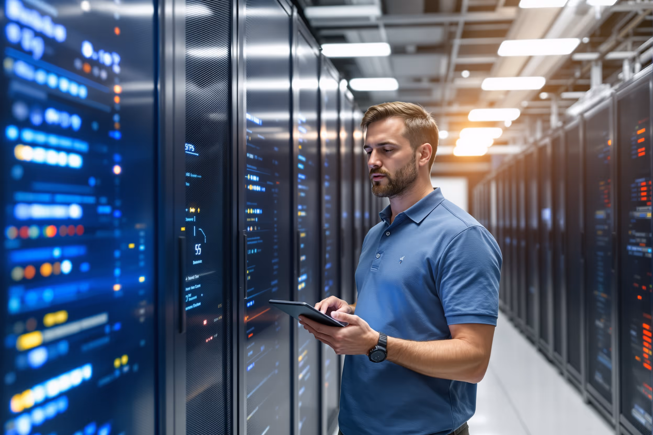 IT-beheerder controleert back-ups in een Nederlandse serverruimte.