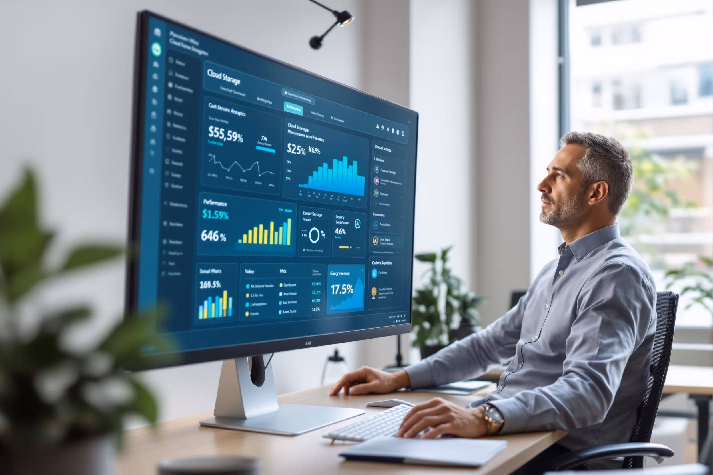 IT professional reviewing cloud storage analytics dashboard in a modern office.
