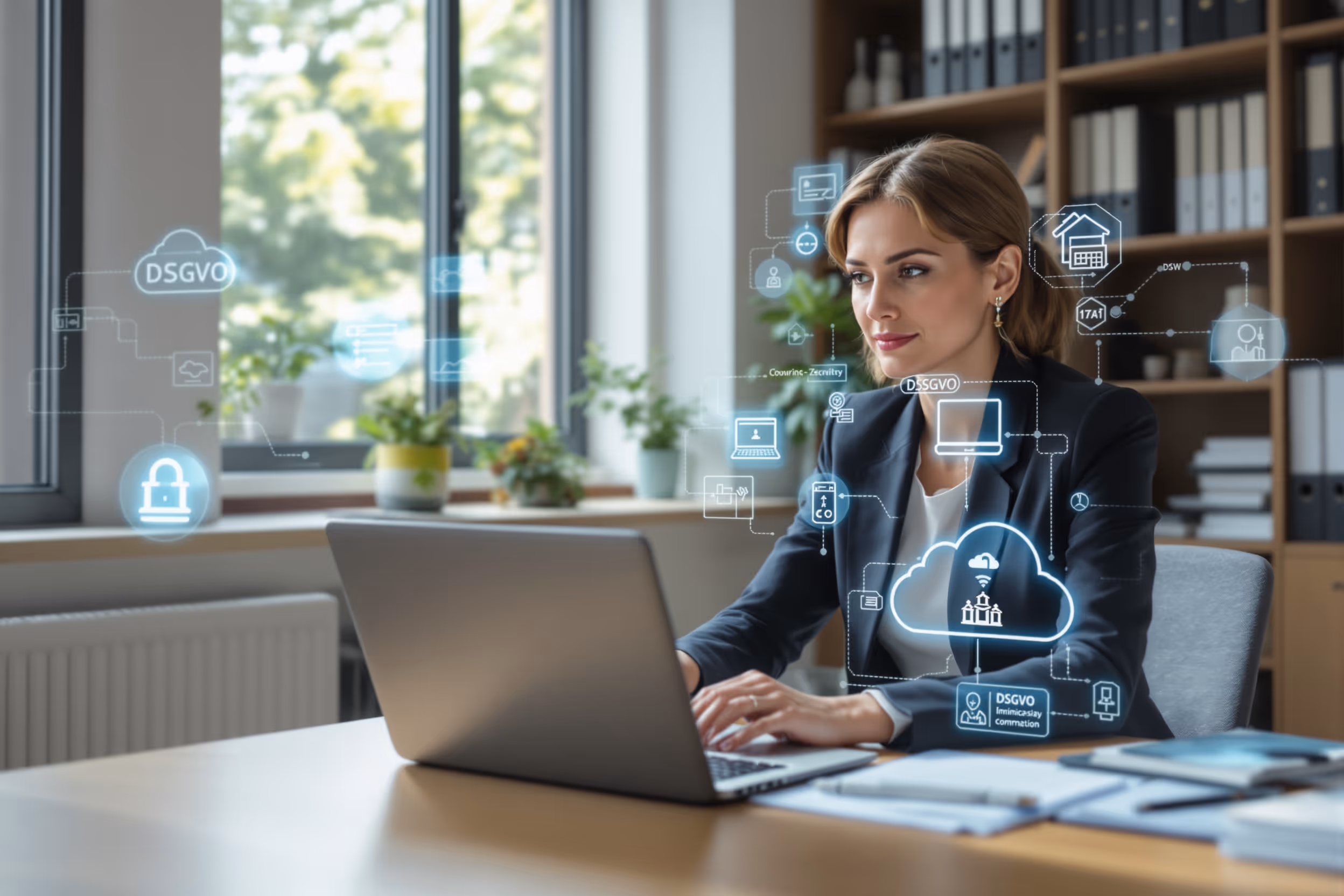 Anwältin arbeitet an Laptop mit Cloud-Speicher-Oberfläche im Büro.