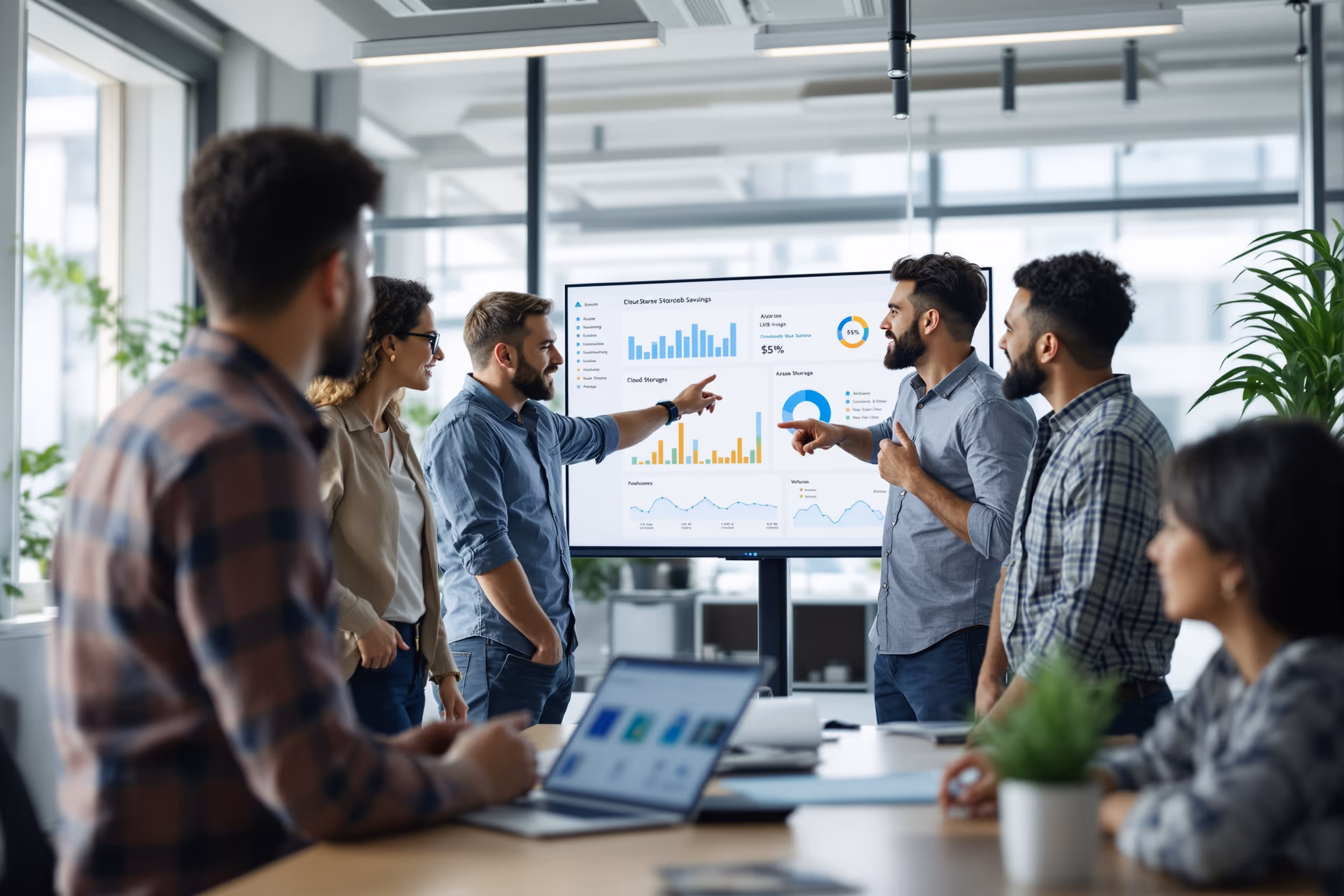 MSP team analyzing cloud storage cost savings on a dashboard.