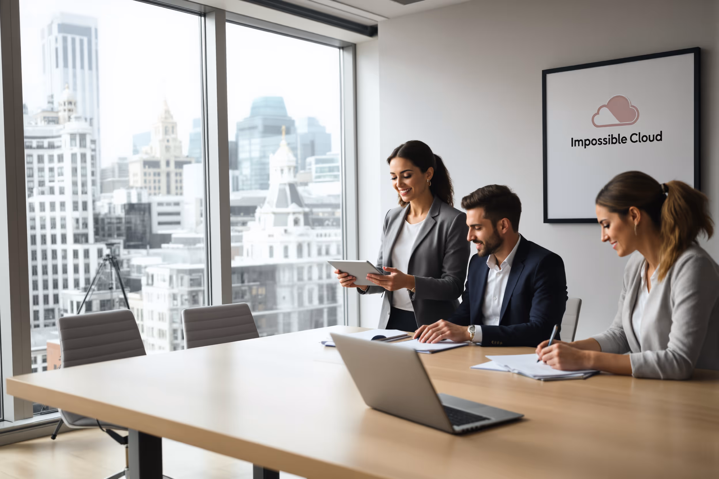 Legal professionals collaborating securely in a modern London law firm office, emphasizing digital sovereignty with Impossible Cloud storage.