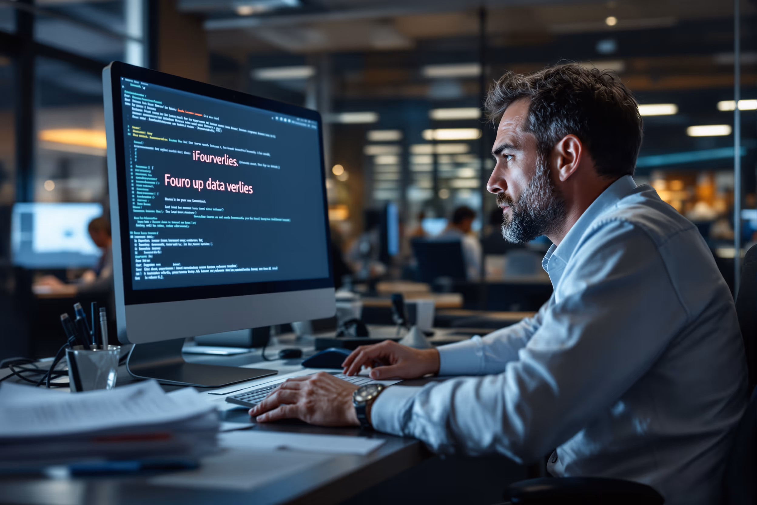 IT-manager gefrustreerd over dataverlies op kantoor, wat downtime en AVG-risico's illustreert.