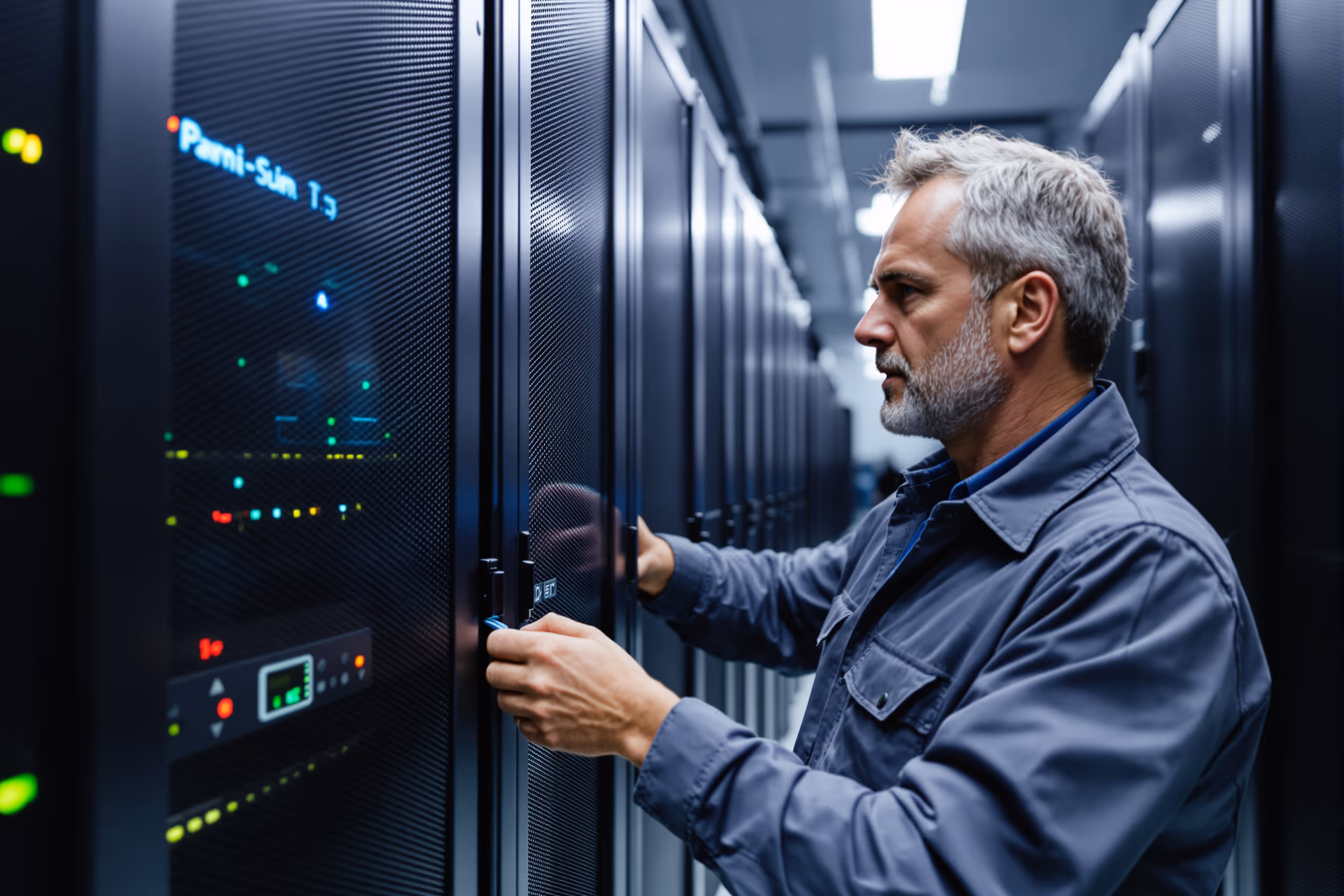 Techniker prüft Server in einem deutschen Rechenzentrum für DSGVO-konformen Objektspeicher.